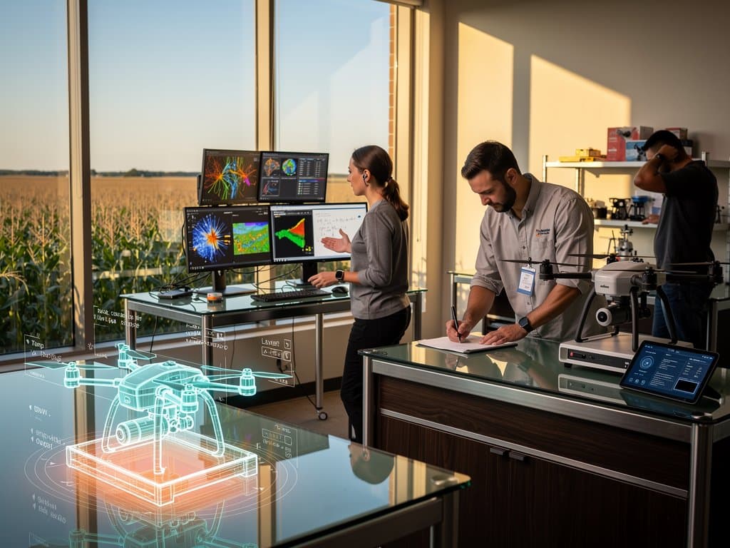 University AI lab with predictive maintenance dashboards, crop analysis maps, and Midwest factory holograms under natural light