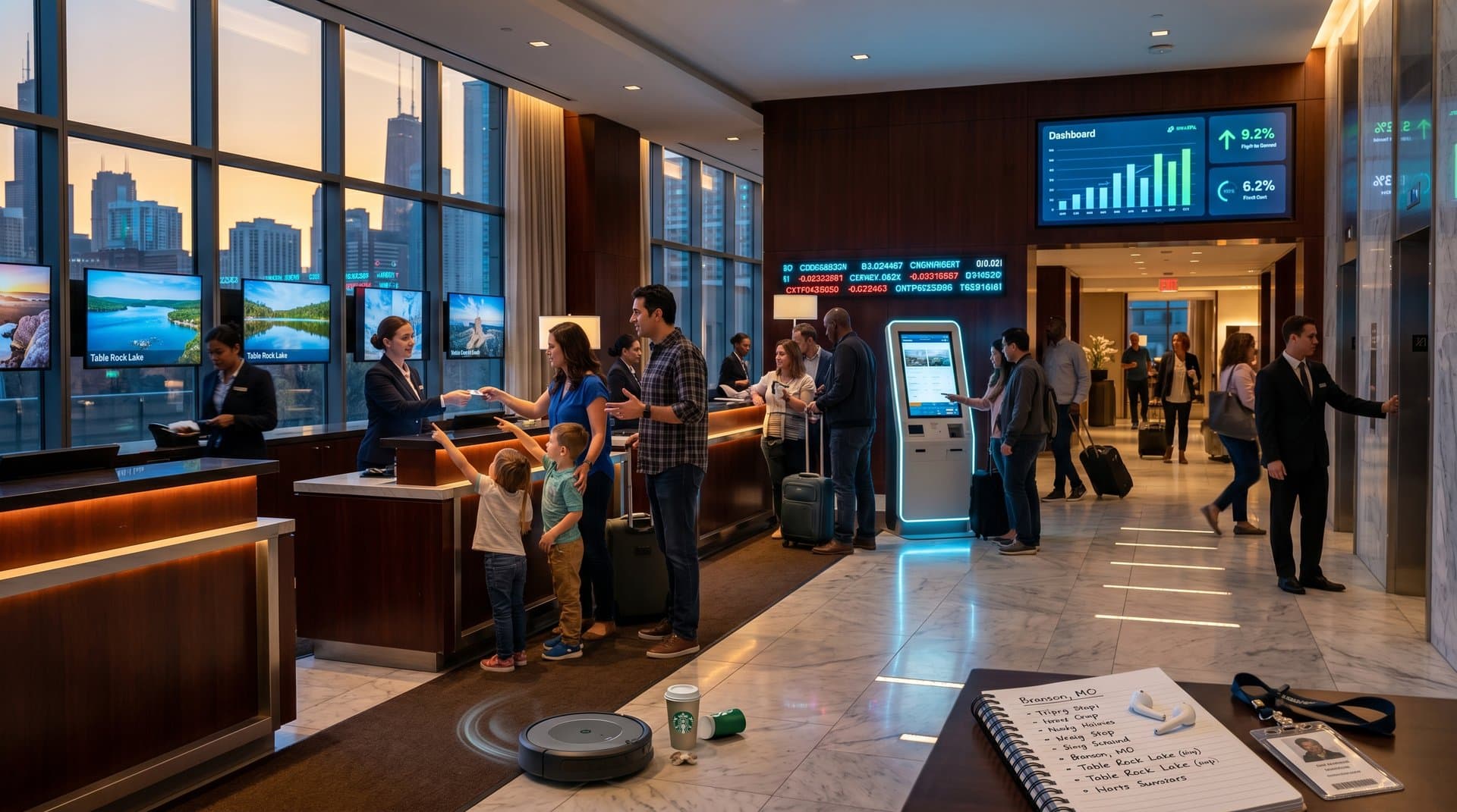 Midwest hotel lobby blending AI kiosks and traditional hospitality in Chicago and Branson style