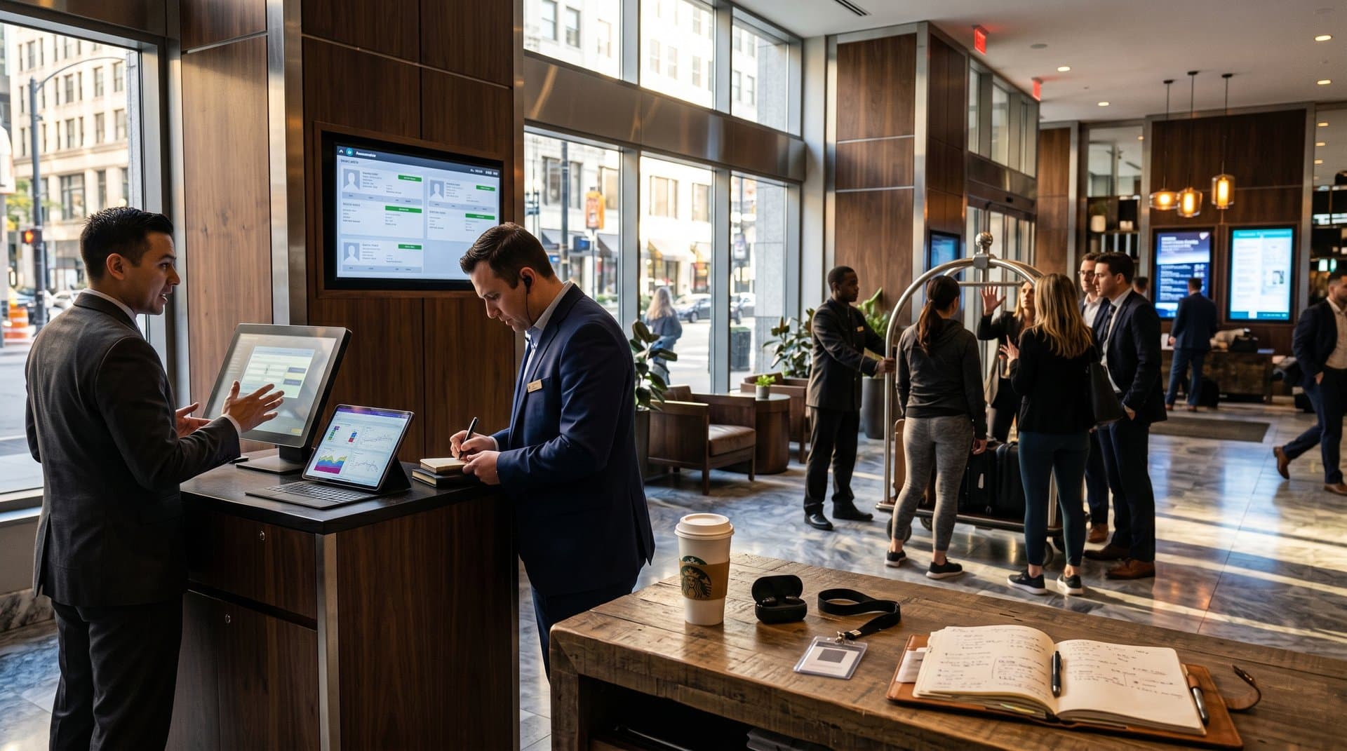 Midwest hotel lobby with AI kiosk, chatbot screen, occupancy dashboard, and dynamic pricing monitor in warm heartland setting