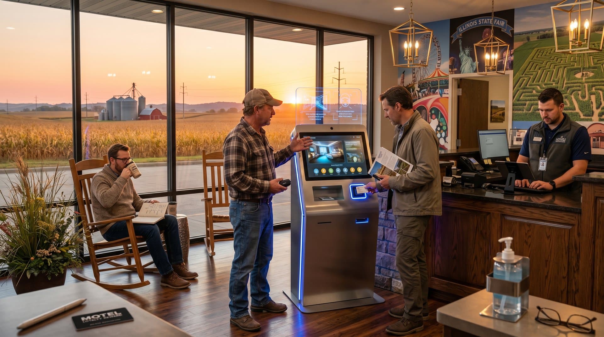 Rural Midwest motel lobby with AI check-in kiosk and heartland views at sunset
