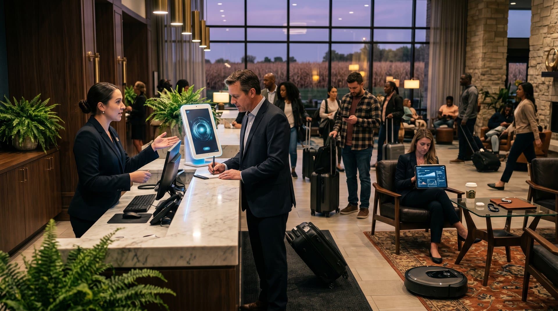 Midwest hotel lobby with AI kiosk, robotic vacuum, and analytics screens against heartland sunset view