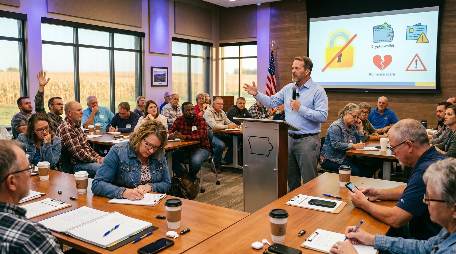 Speaker warns of scams at Scam Jam Fairfax in Iowa community center, audience engaged with crypto charts and toolkits on tables