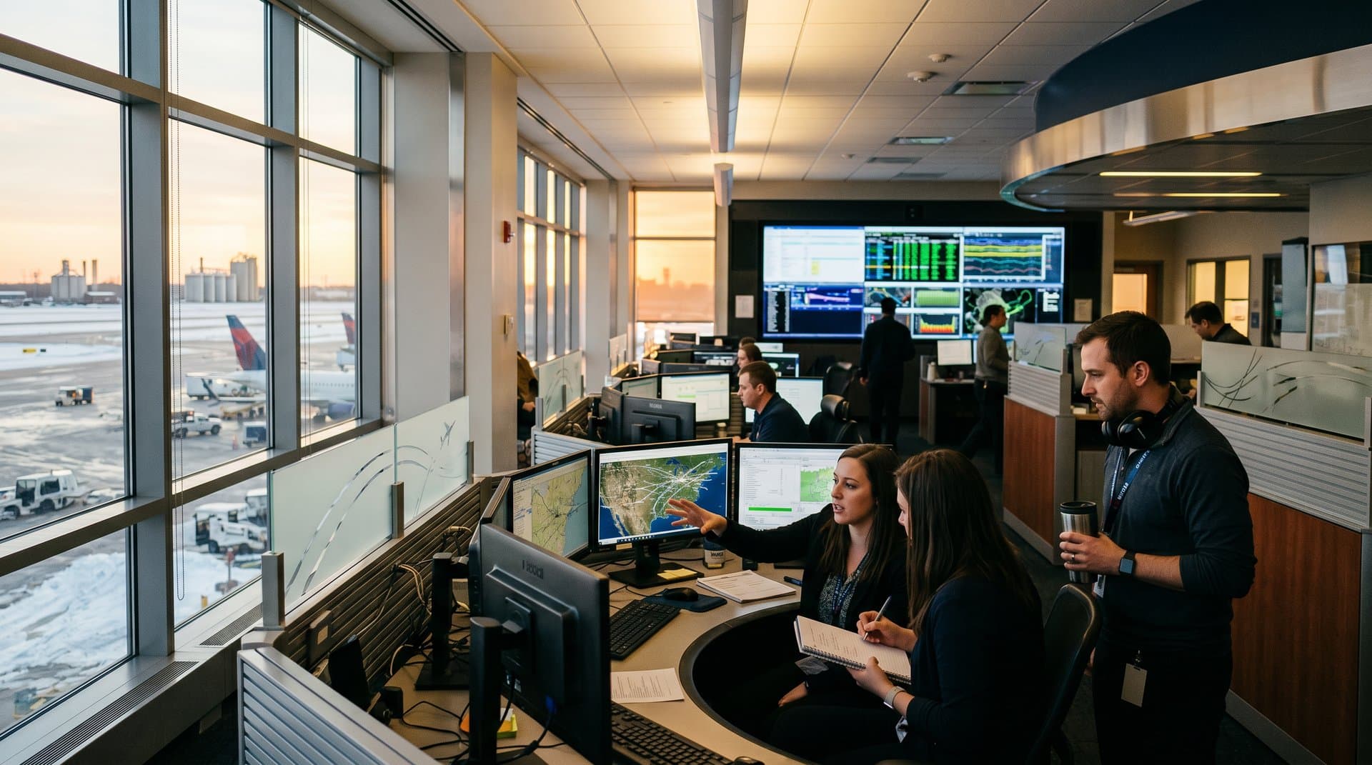 Delta operations center with AI screens showing flight data at Detroit hub