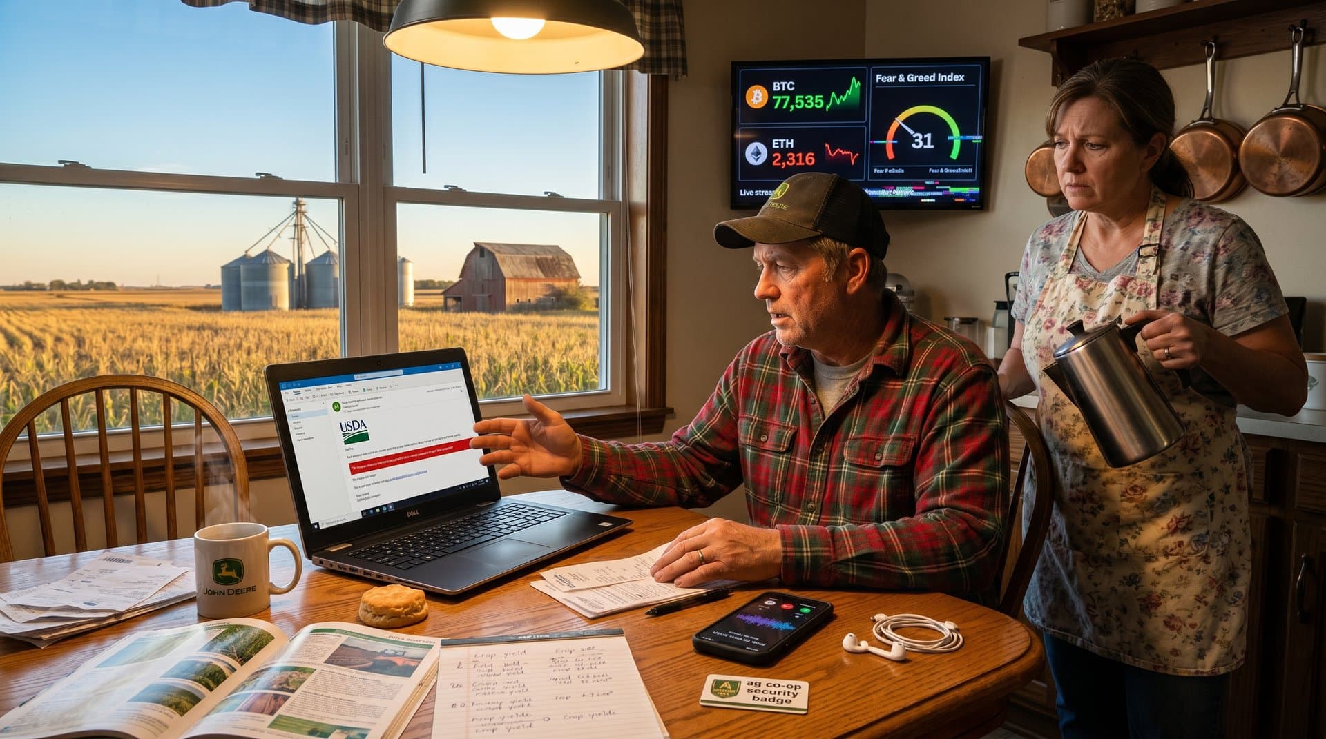Midwest farmhouse kitchen showing AI phishing email on laptop, fake bank call on phone, crypto charts, amid farm receipts and scenery