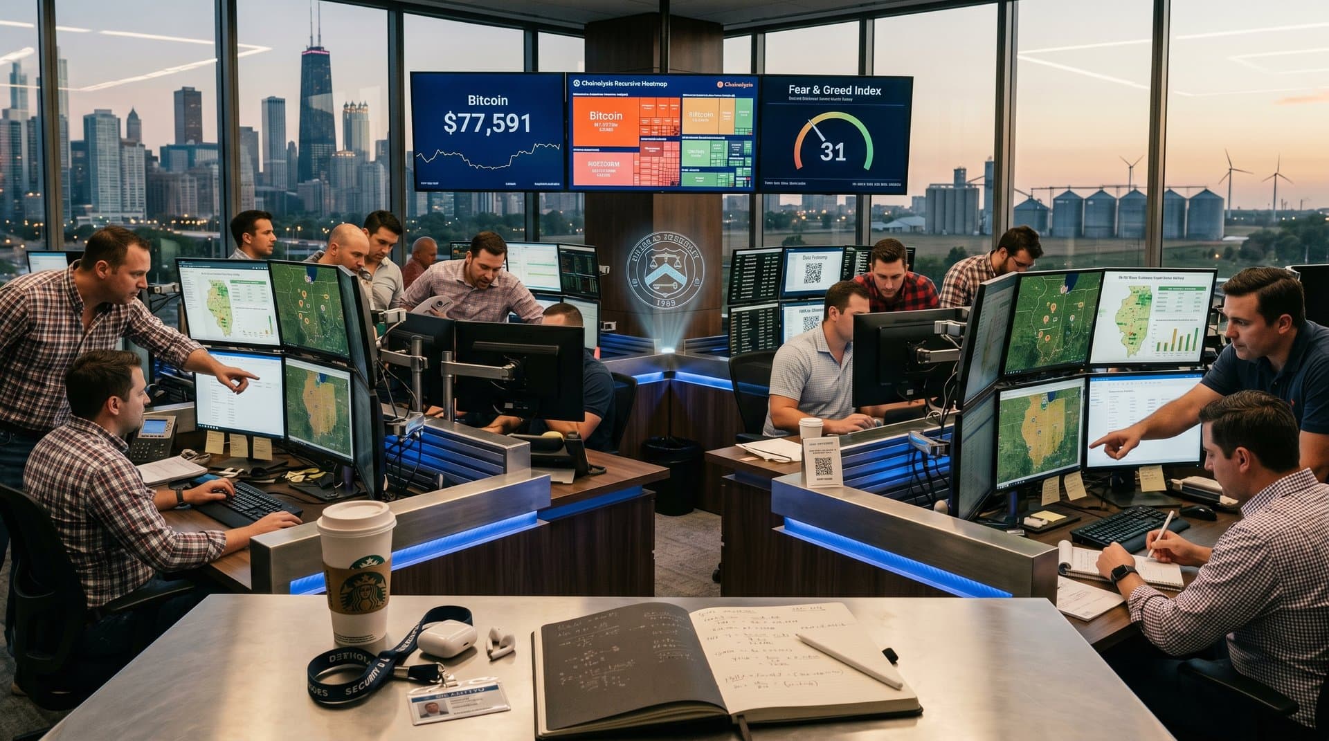 Traders at Bloomberg terminals in Chicago Mercantile Exchange monitoring crypto prices on multi-screen setups amid modern trading hall activity