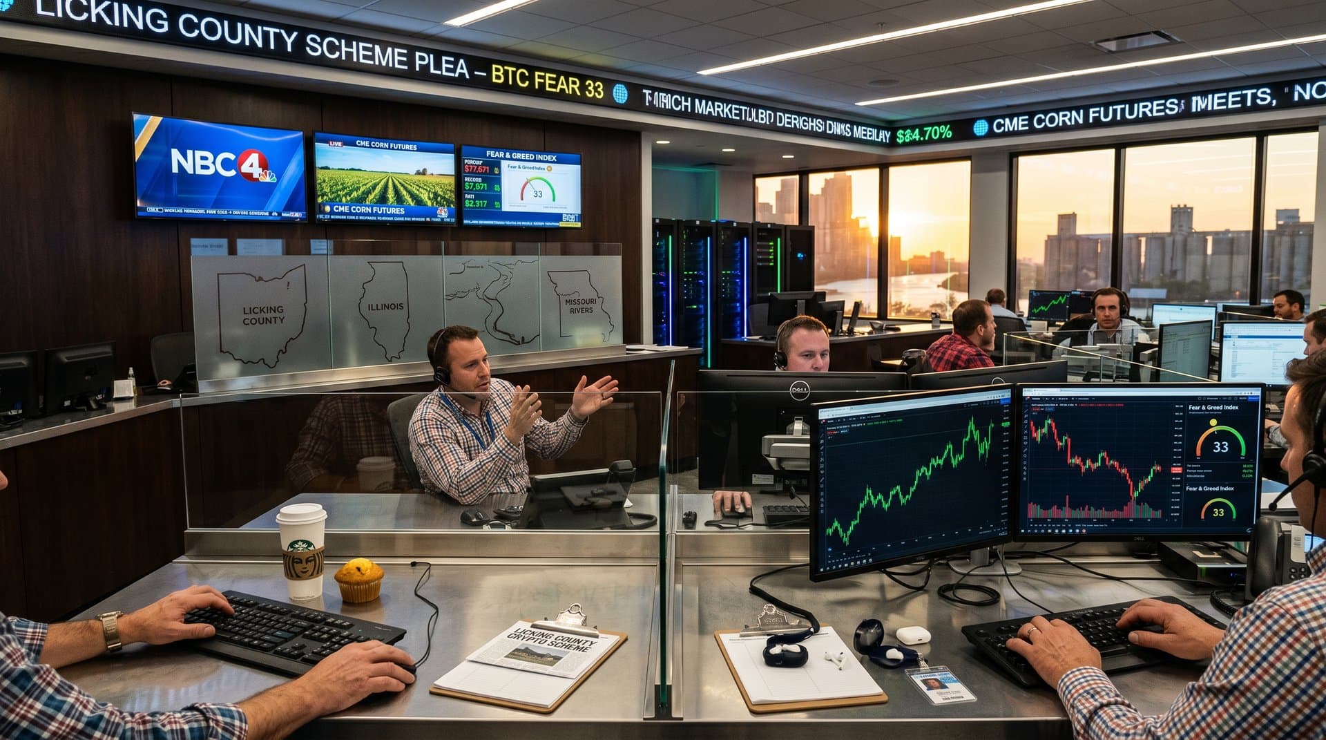 Traders monitor crypto charts on multi-screen Bloomberg Terminals at CME trading floor with desks, windows, and market activity in view