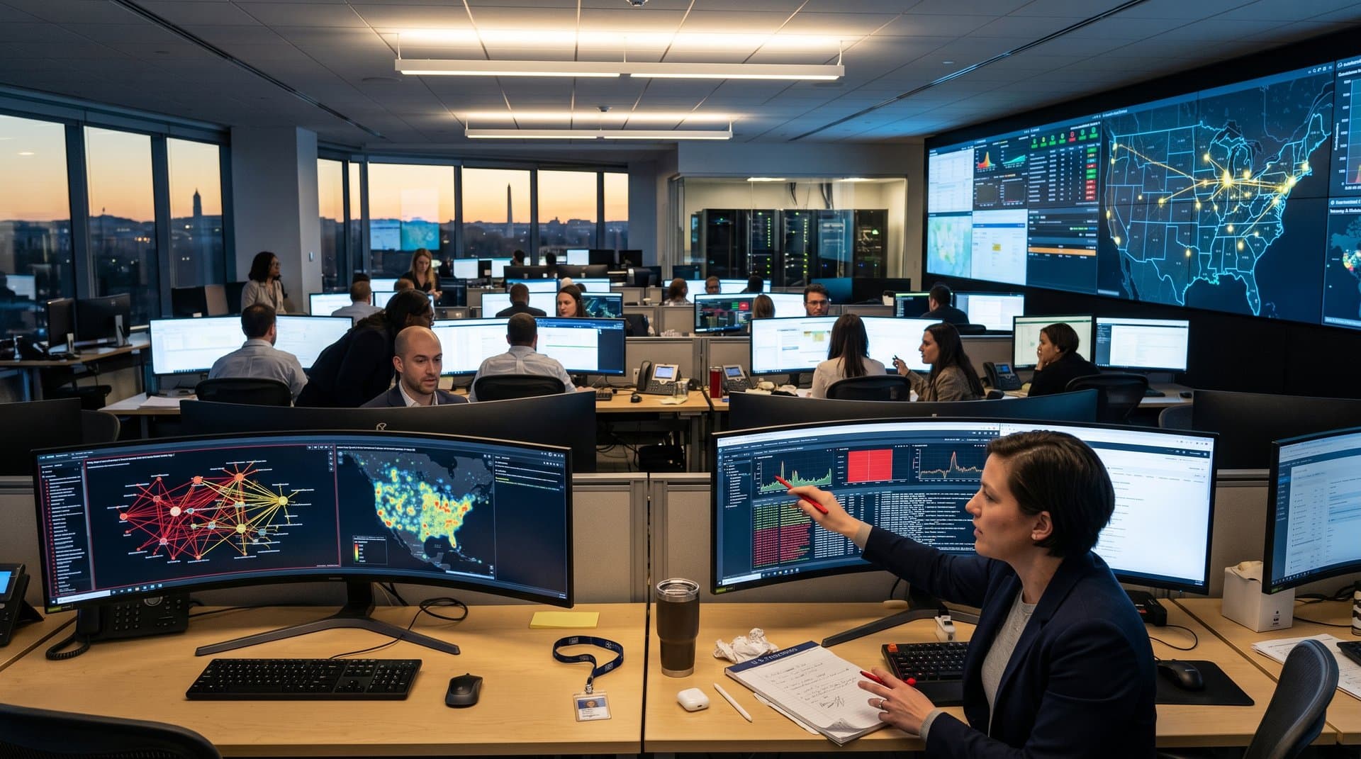 Treasury analysts review blockchain graphs and sanctions dashboards in secure compliance center