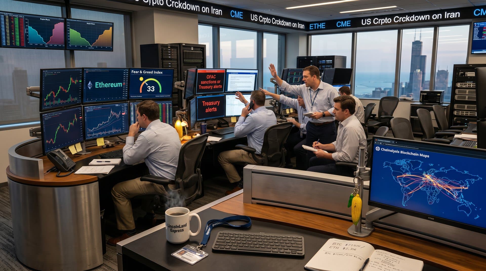 Traders at CME Group Chicago desks monitor crypto futures charts on multi-screen setups under LED lights with city skyline view