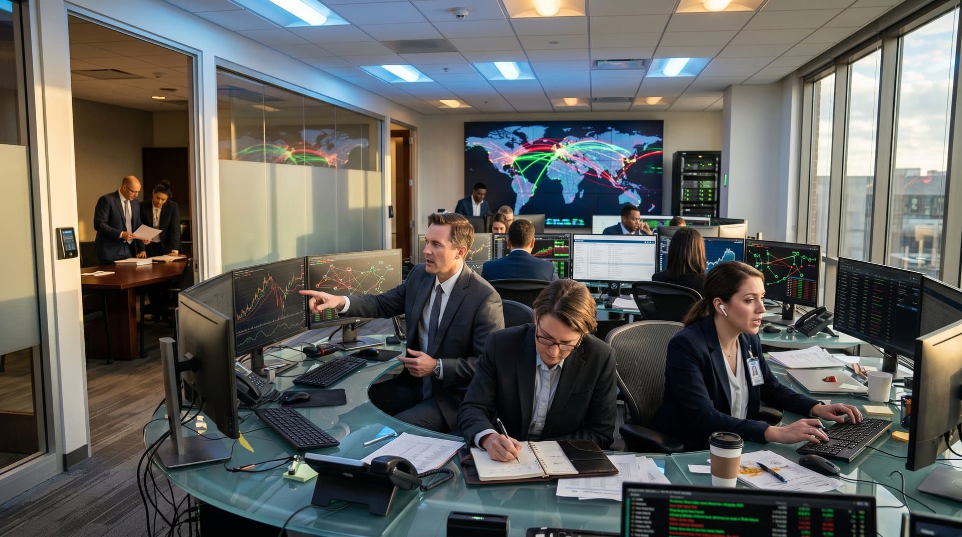 Midwest bank compliance center with monitors showing blockchain sanctions data, frosted glass, and LED lighting in regulatory operations room