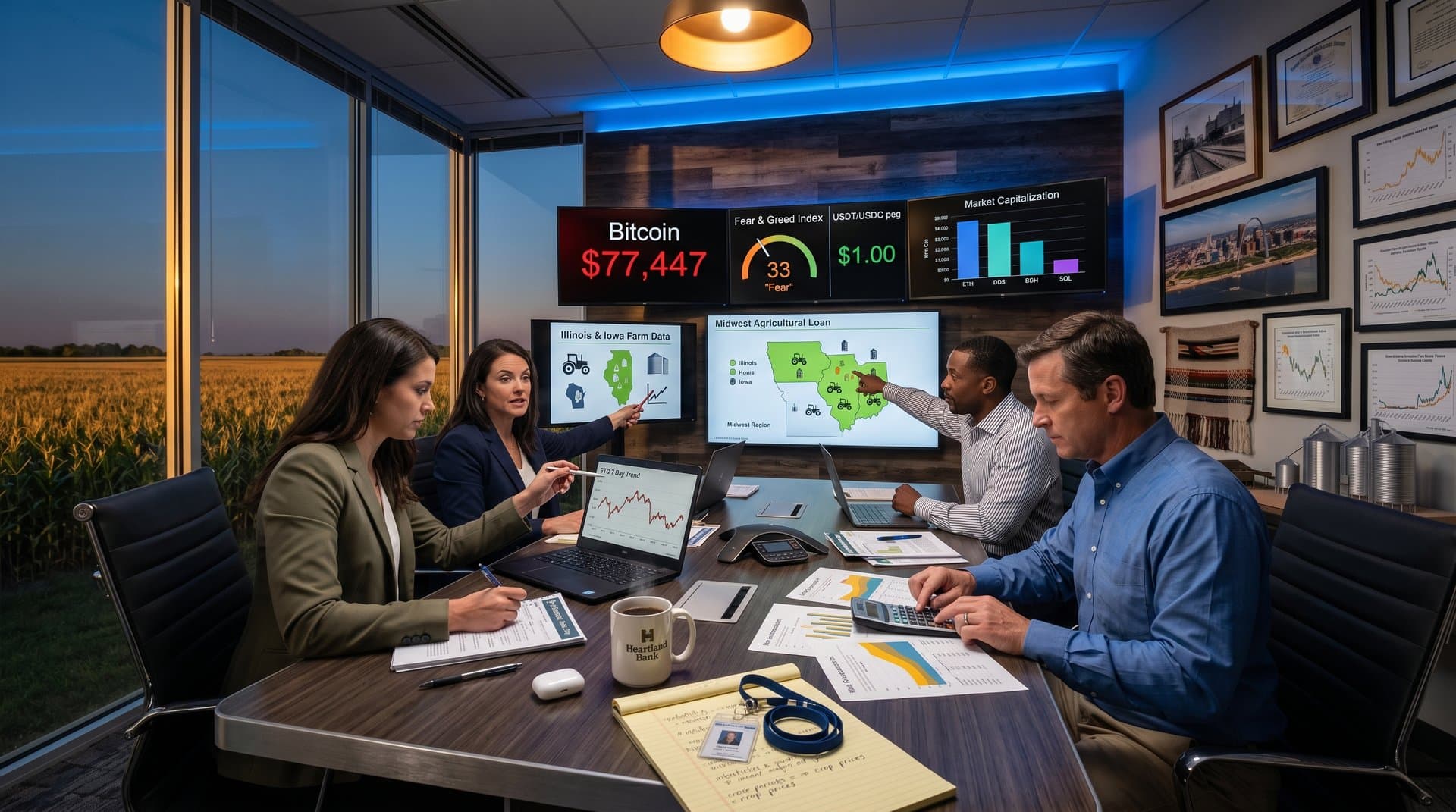Midwest bank executives analyze crypto charts and bank policy updates on screens amid Fear & Greed Index at 33