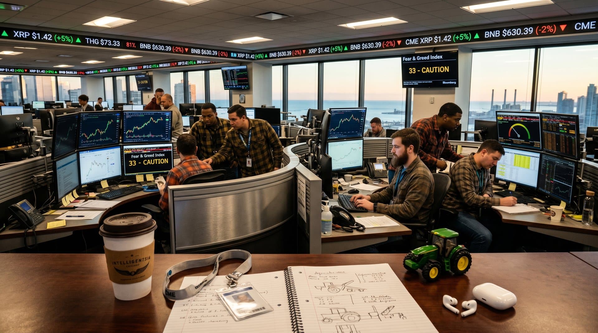 Chicago Mercantile Exchange trading floor monitors showing Bitcoin at $77,758, crypto charts, and Fear & Greed Index under LED lights