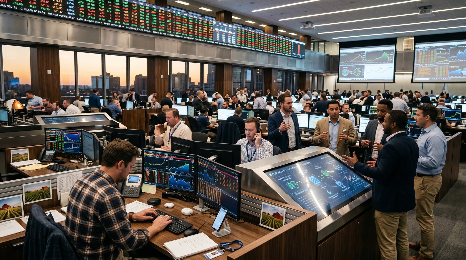 Traders at CME Group desks with Bloomberg terminals showing Bitcoin $78K and ag futures amid Chicago skyline views