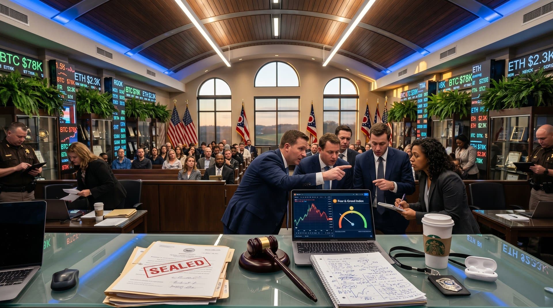 Ohio courthouse scene with legal documents on crypto fraud charges and analysts reviewing Bitcoin charts with Fear & Greed Index