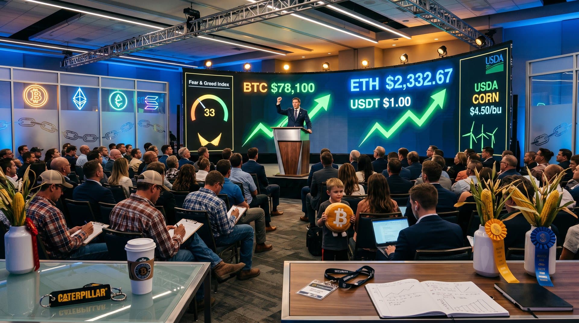 Trump crypto conference stage featuring BTC $78,100 charts, mixed executive and Midwest audience