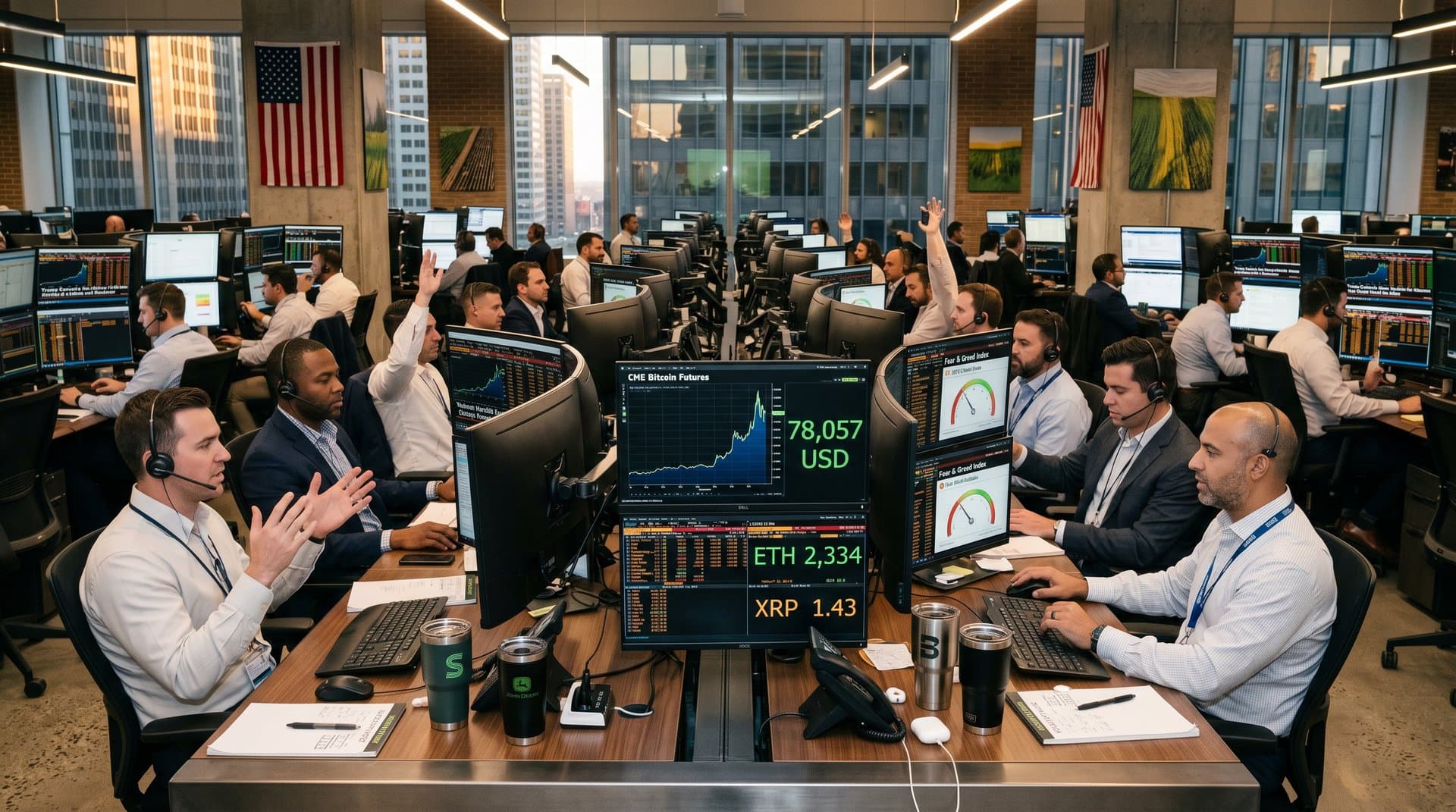 Traders at CME desks with Bloomberg terminals showing Bitcoin at $78K and crypto charts amid busy exchange floor activity
