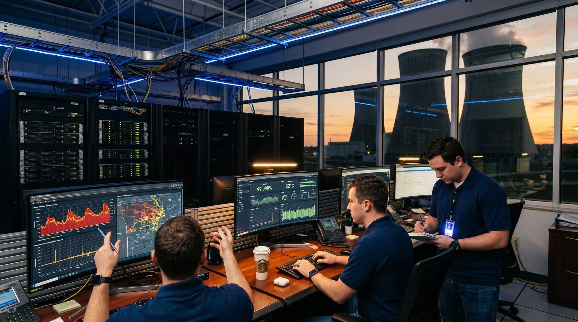 Glowing server racks and spiking power graphs in Iowa AI data center control room