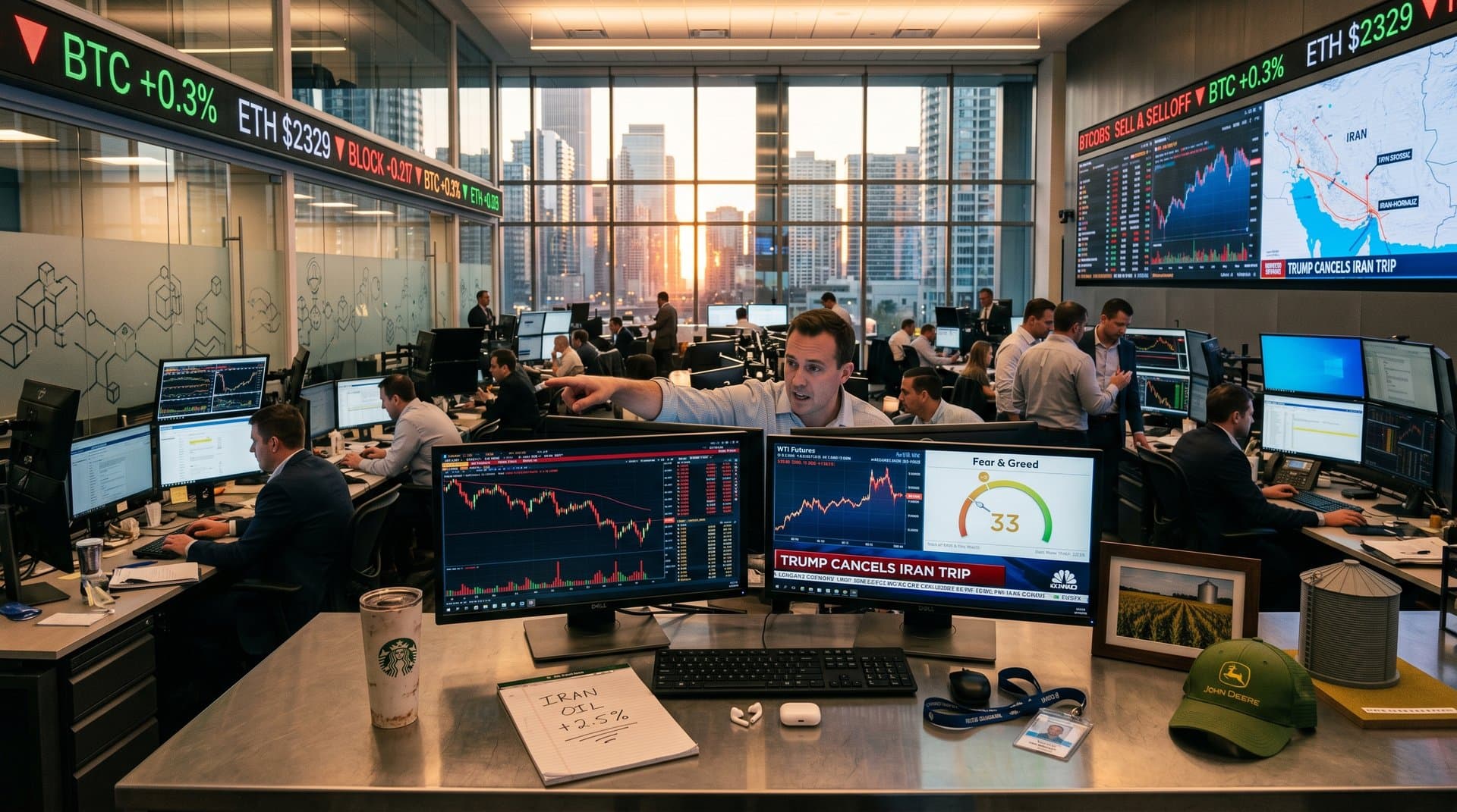 Chicago traders monitor Bitcoin selloff and oil charts on screens amid Iran tensions on finance floor with city skyline view