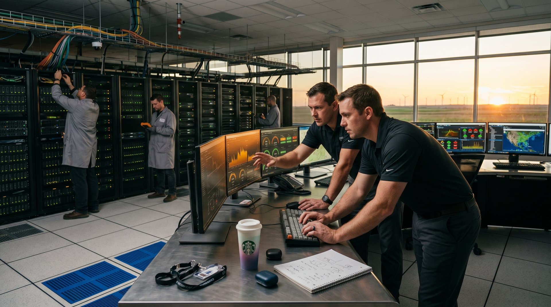 Control room monitors surging power loads and AI metrics in Iowa hyperscale data center amid Midwest grid strain