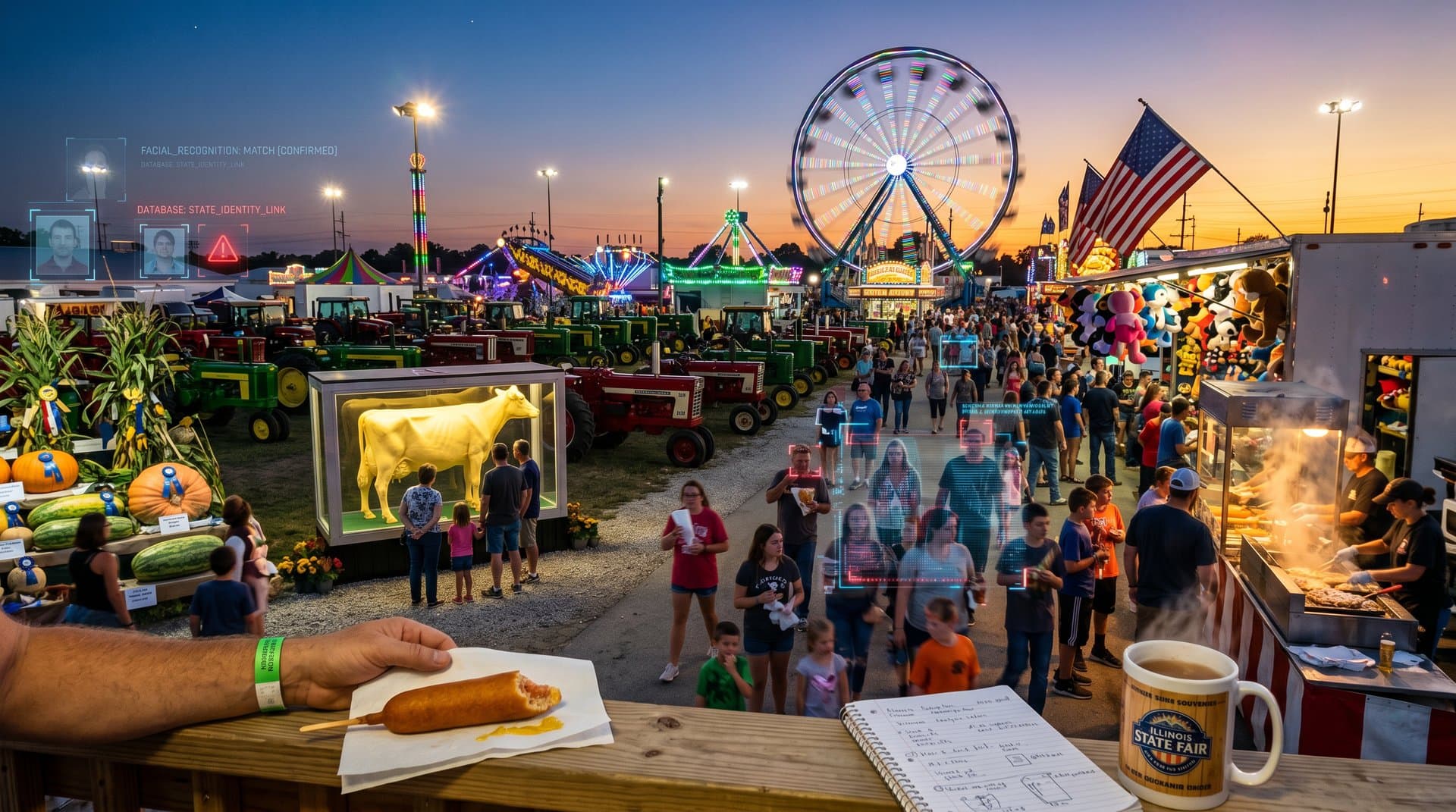 Illinois State Fair crowd with AI facial recognition overlay scanning blurred fairgoers amid midway lights