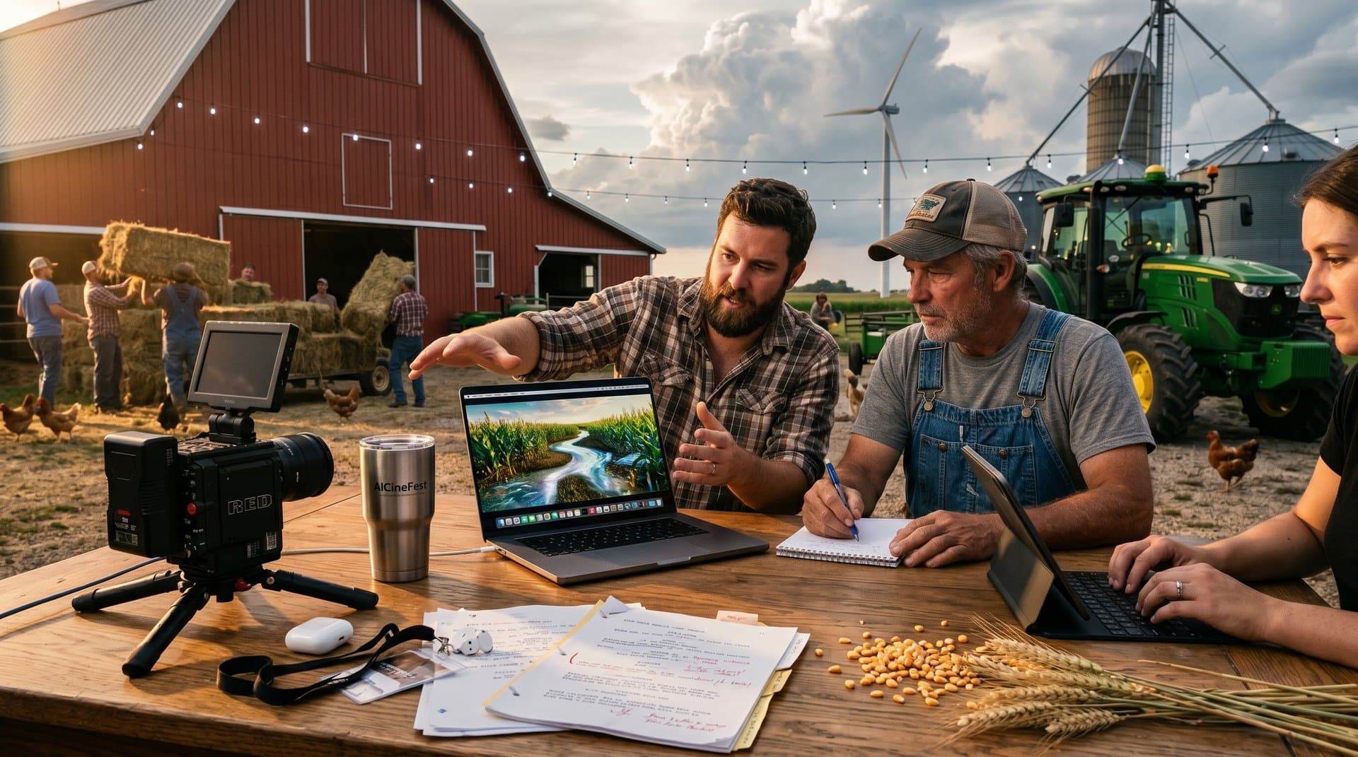 Midwest farmyard laptop displaying AI-generated film clips amid barn and fields