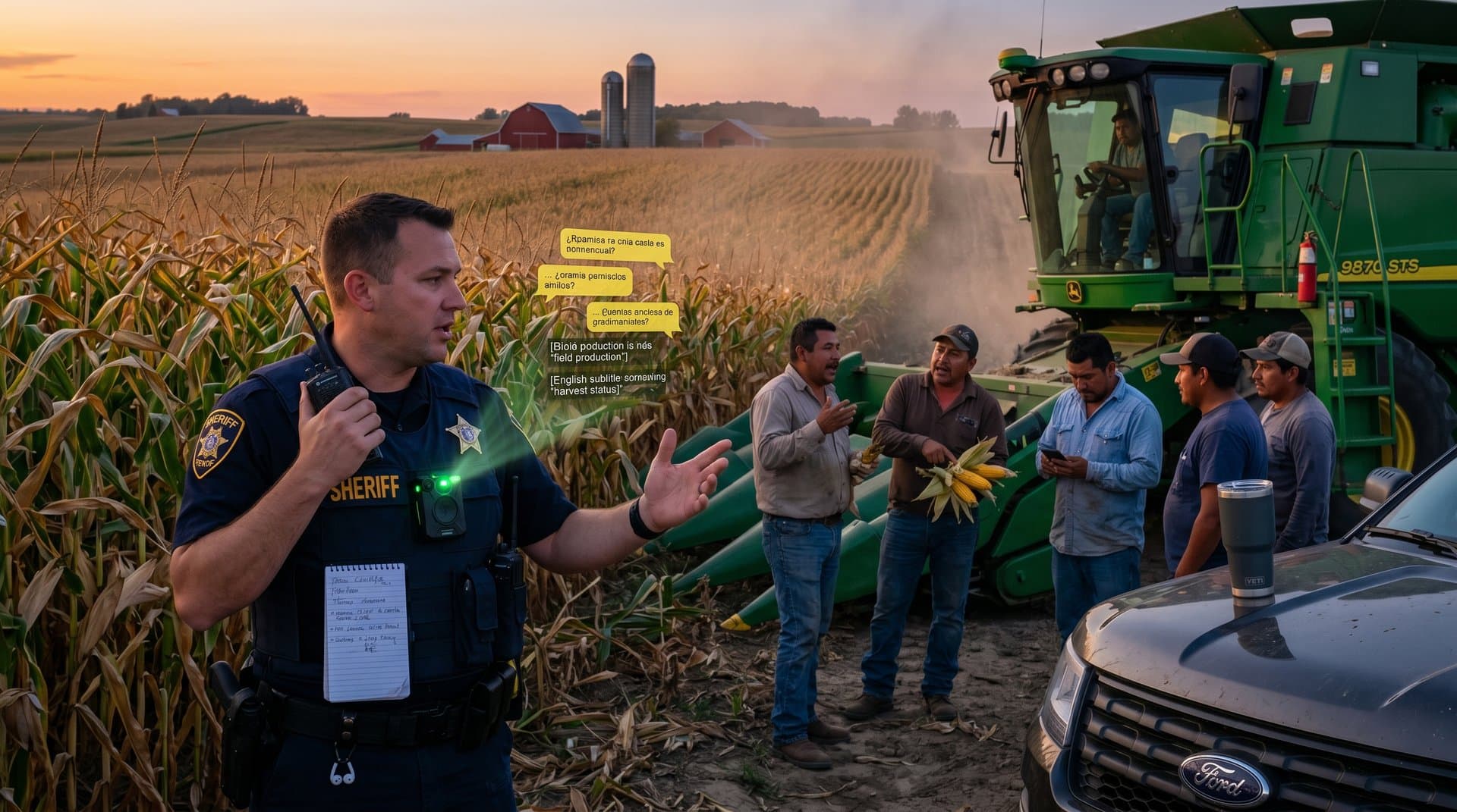 Rural deputy tests AI body cam translation near Illinois cornfield with farmworkers
