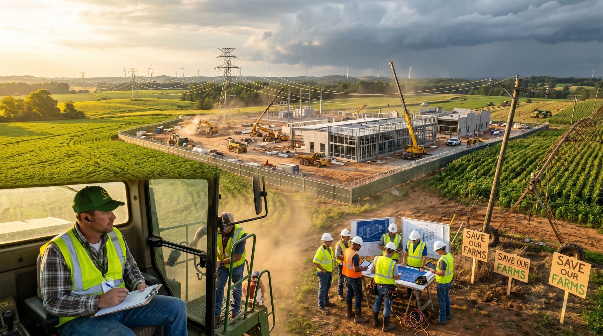 AI data center construction invades Midwest farmland with strained power lines and protest signs