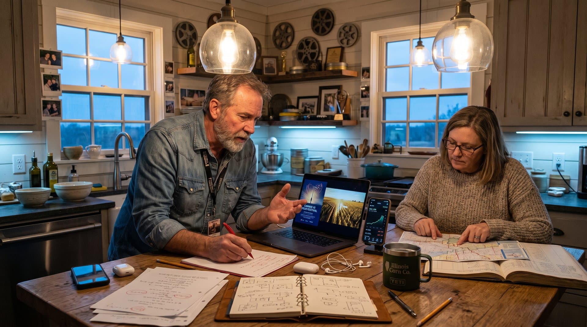 Midwest kitchen table with laptop showing Cannes AI Festival and BTC chart amid film scripts