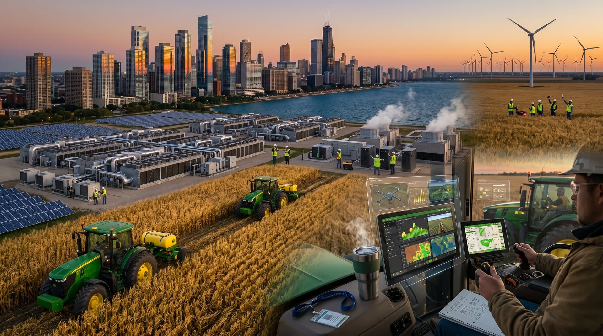 Chicago skyline and Midwest data centers at dusk with AI crop tech overlay