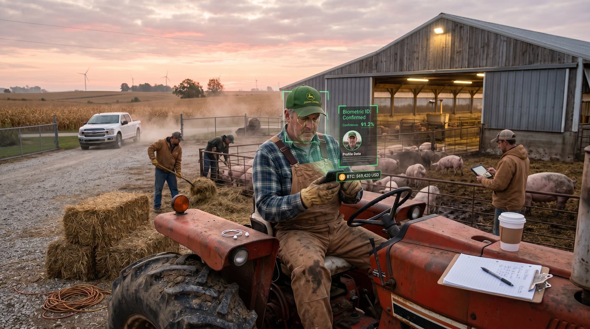 Illinois farm worker with AI facial recognition match on smartphone amid cornfields and BTC ticker