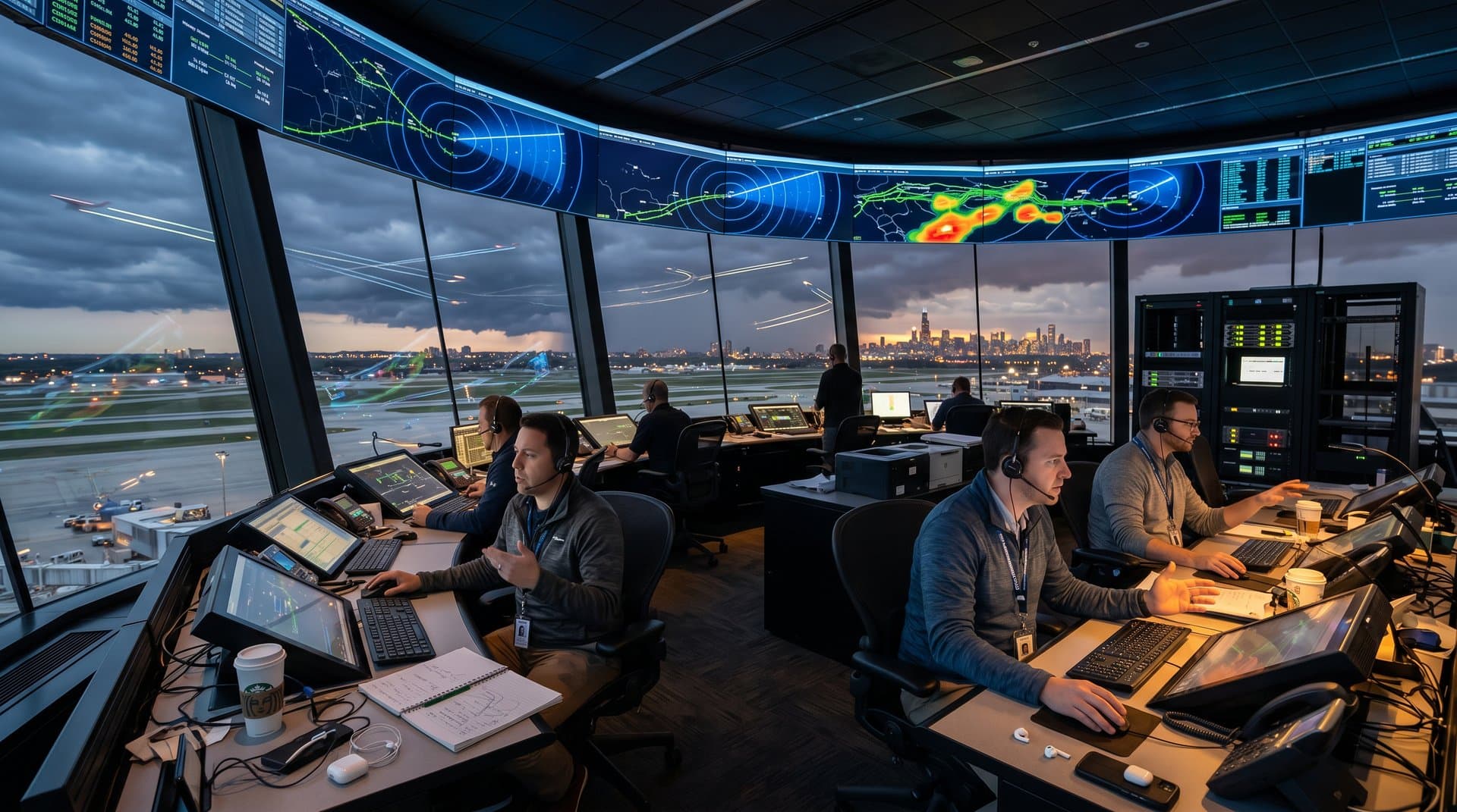 O'Hare airspace radar with AI trajectory overlays and congestion heatmaps over Chicago skyline