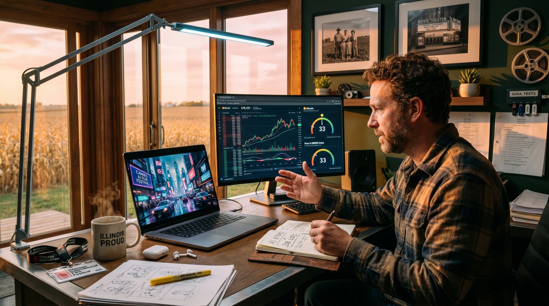 Midwest office setup with Cannes AI film on laptop and crypto charts on monitor, cornfields view