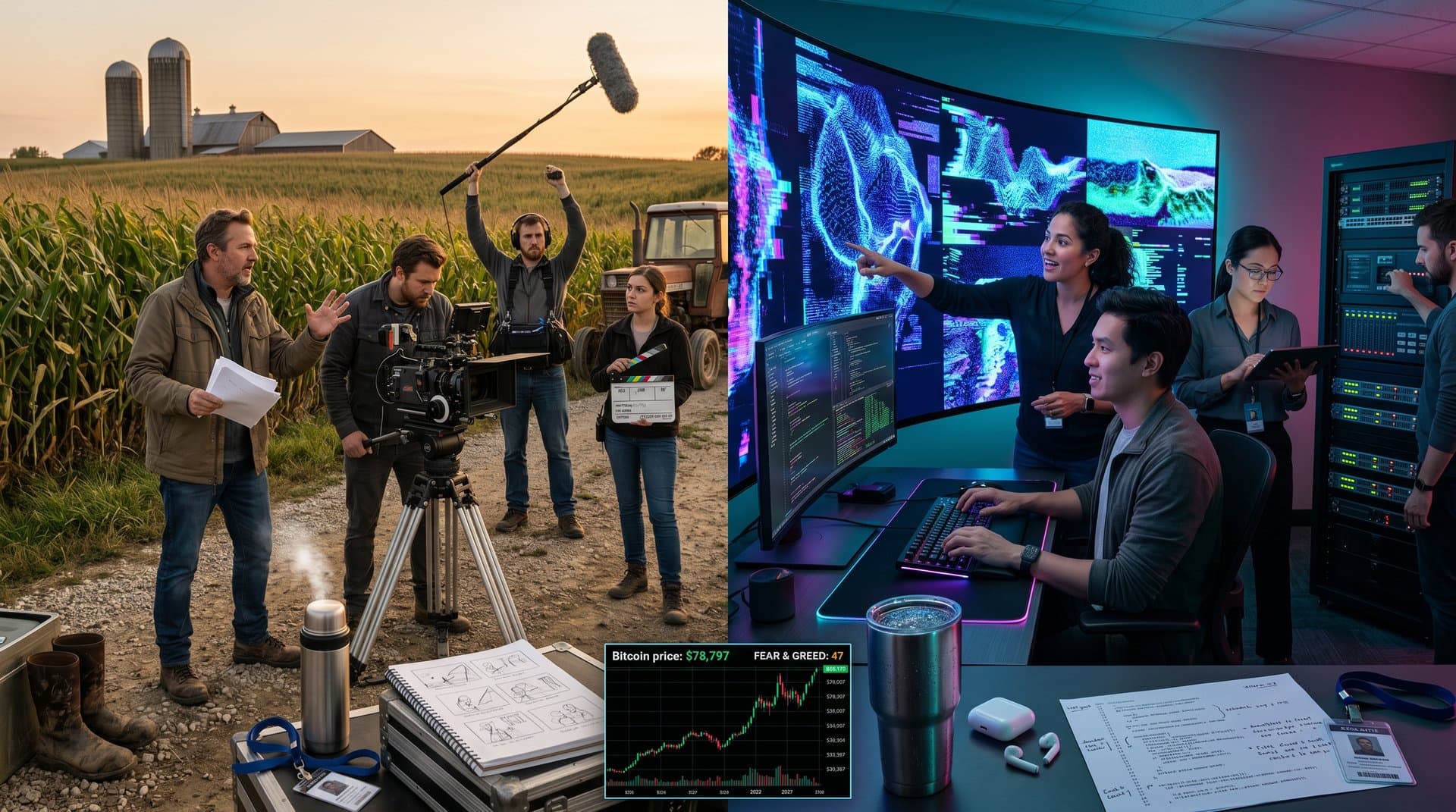 Split scene of Midwest film crew in cornfields versus AI-generated digital farm narratives with BTC chart overlay
