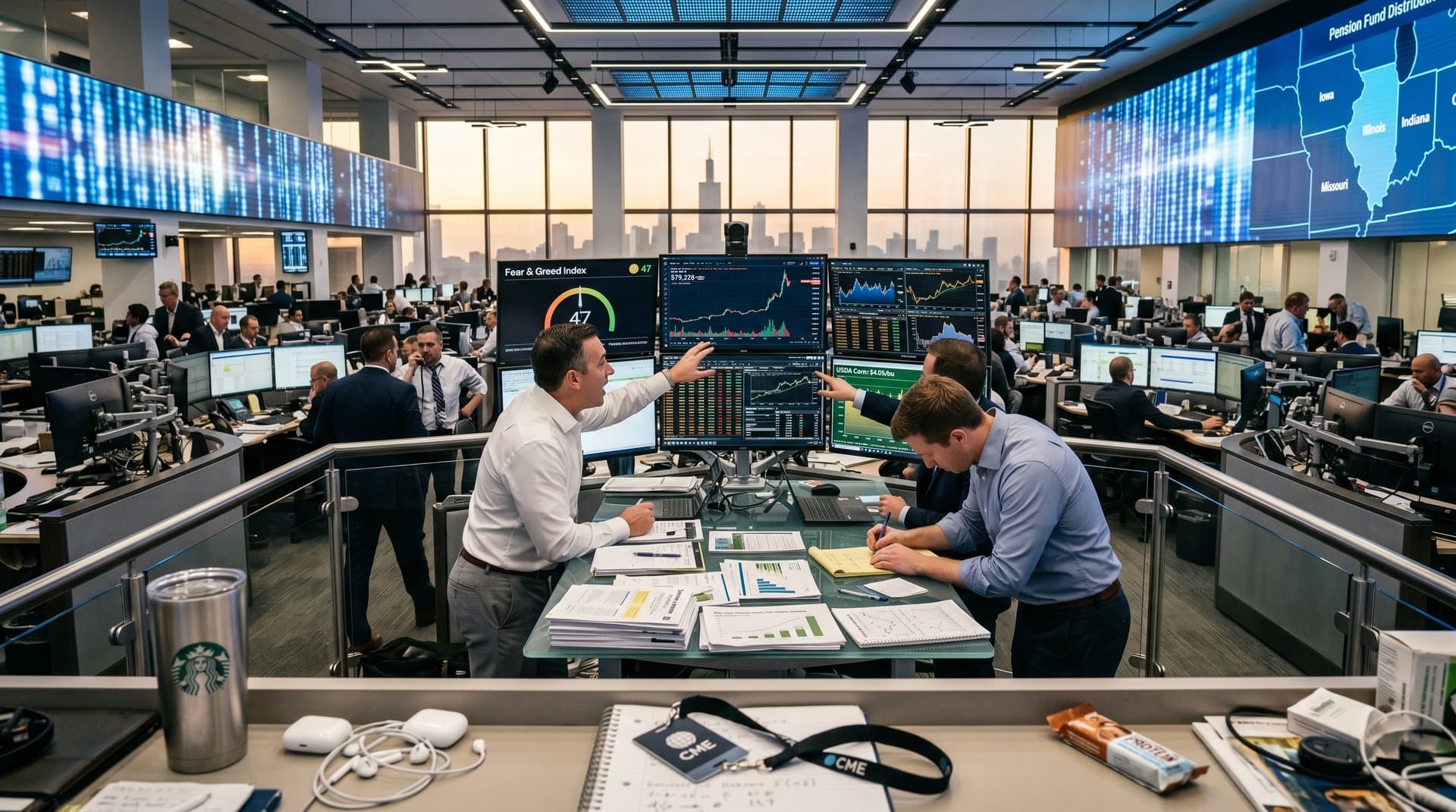 Traders at Chicago exchange monitor Bitcoin charts on screens amid team discussions and futures data