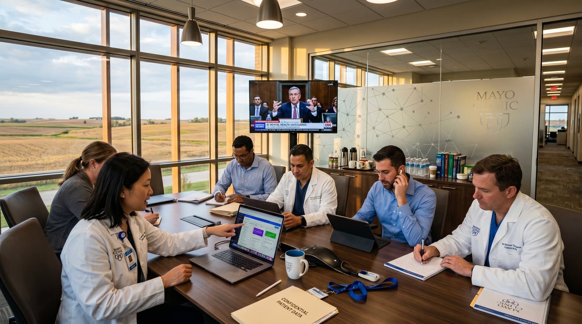 Conference room scene with laptops showing AI mental health chatbots and regulatory dashboards overlooking Midwest fields