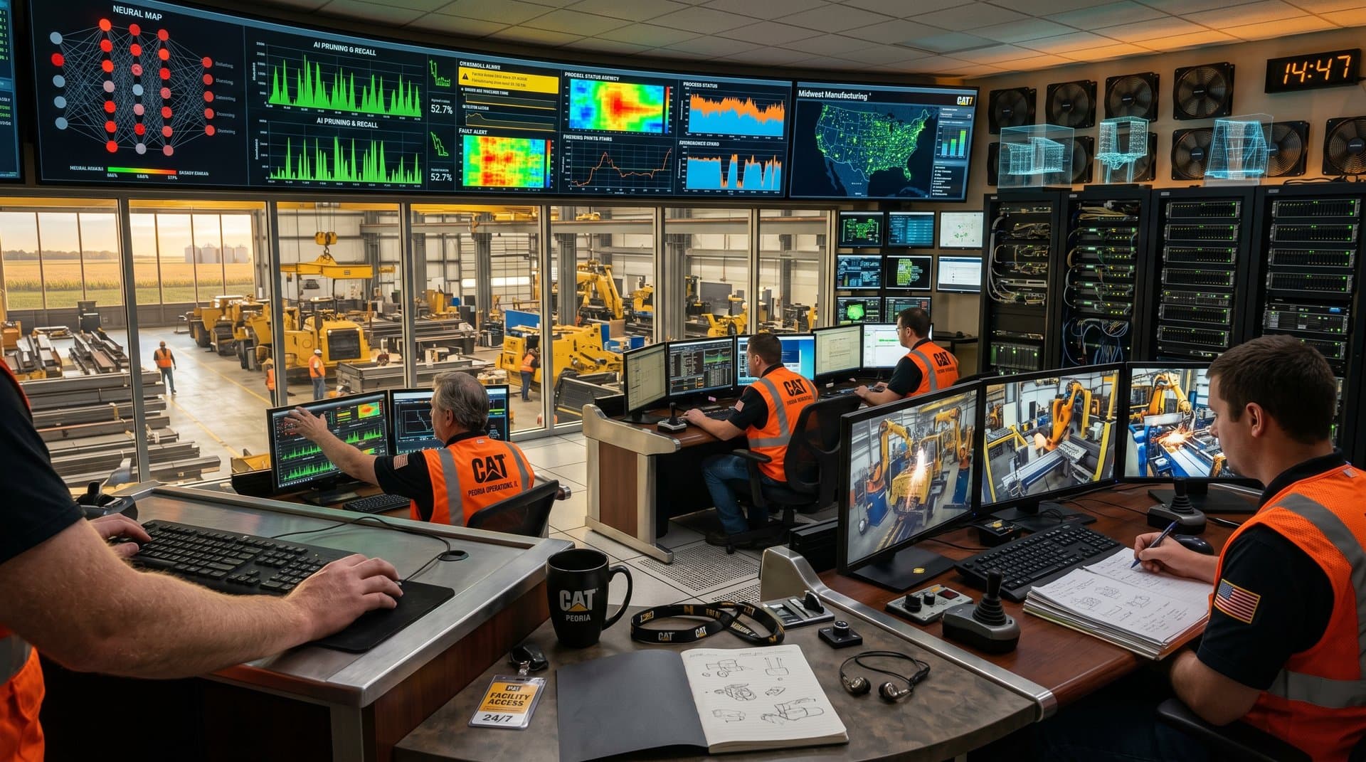 Control room screens display bio-inspired AI memory graphs and factory production data in a high-tech Midwest manufacturing facility