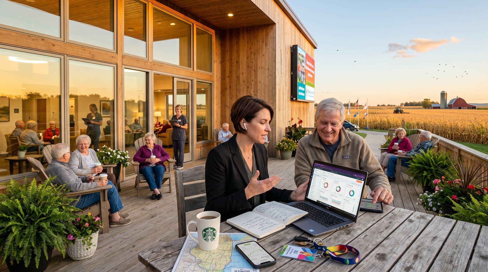 Midwest senior living facility billboard with AI marketing tactics ads amid heartland fields and analytics laptop