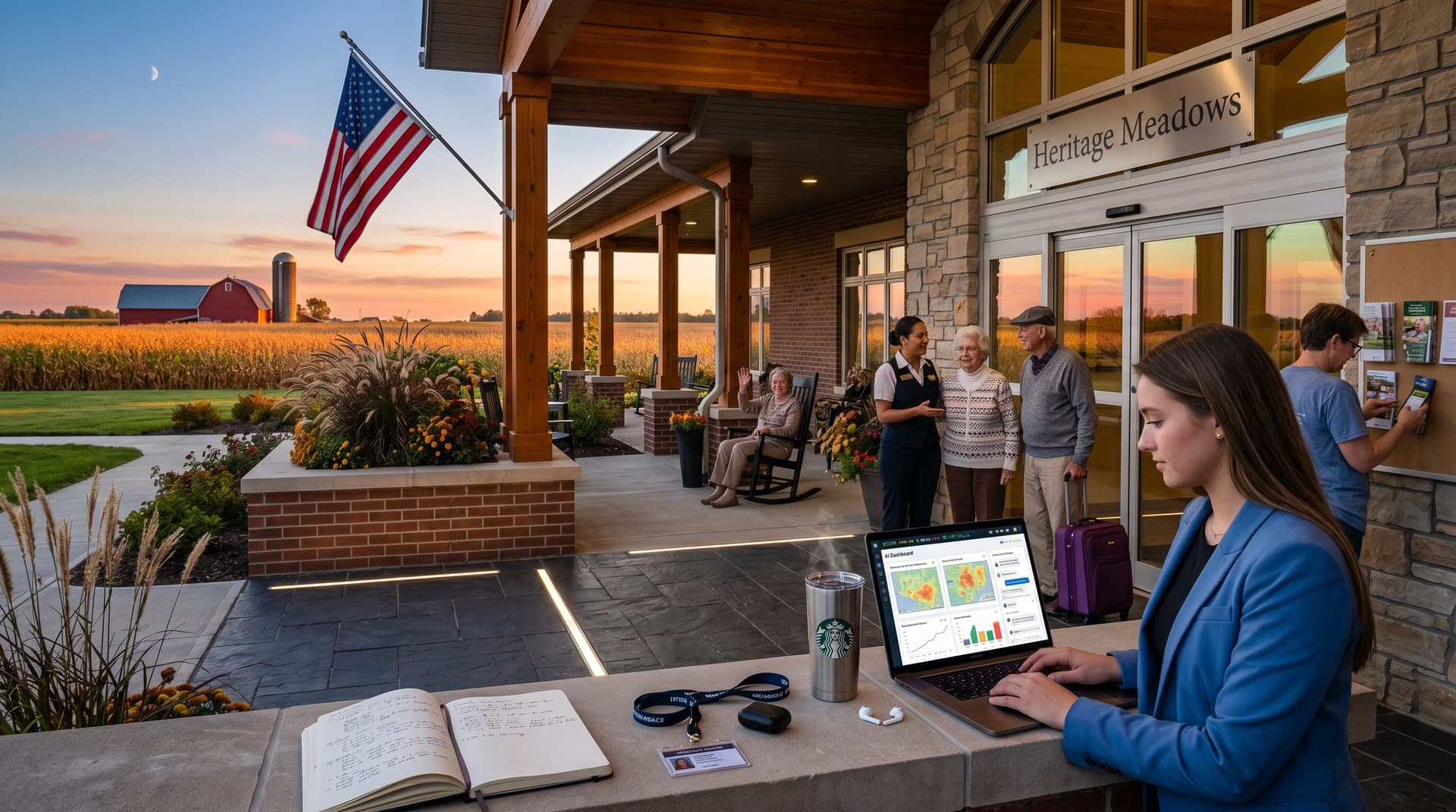 AI marketing dashboard on laptop at rural Midwest senior living community amid cornfields