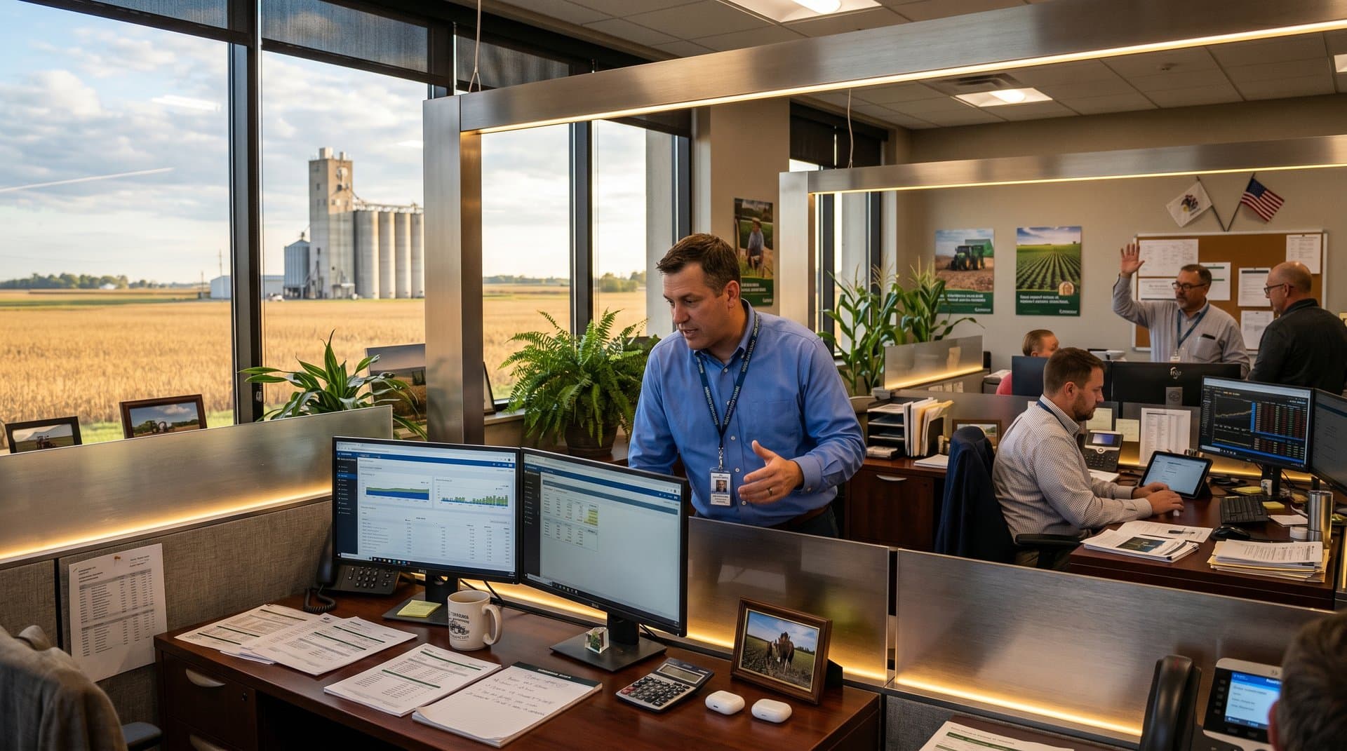 Loan officer and farmer review crypto charts and farm reports in Illinois bank office with Bitcoin price and Fear & Greed Index displayed