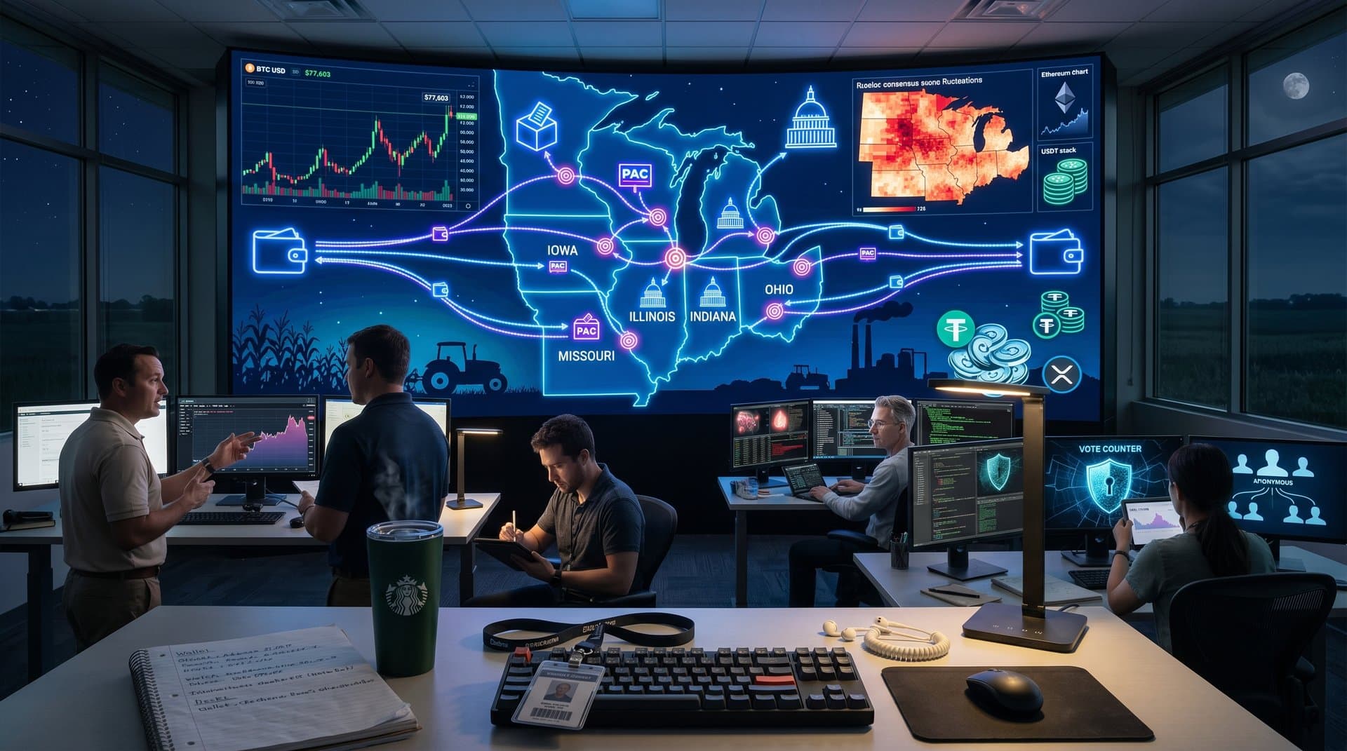 Blockchain maps show crypto flows to Midwest election hotspots with Bitcoin charts