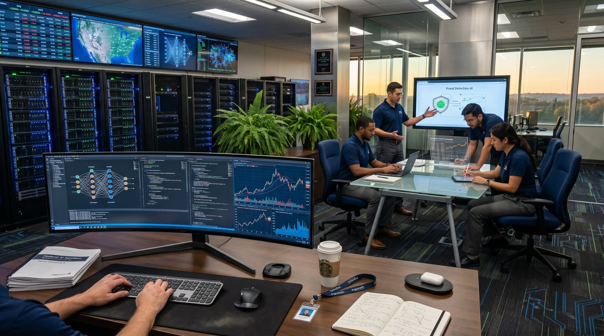 AI lab at Argonne: monitors with neural nets and BTC charts, engineers at touchscreens, GPU racks in modern Midwest facility