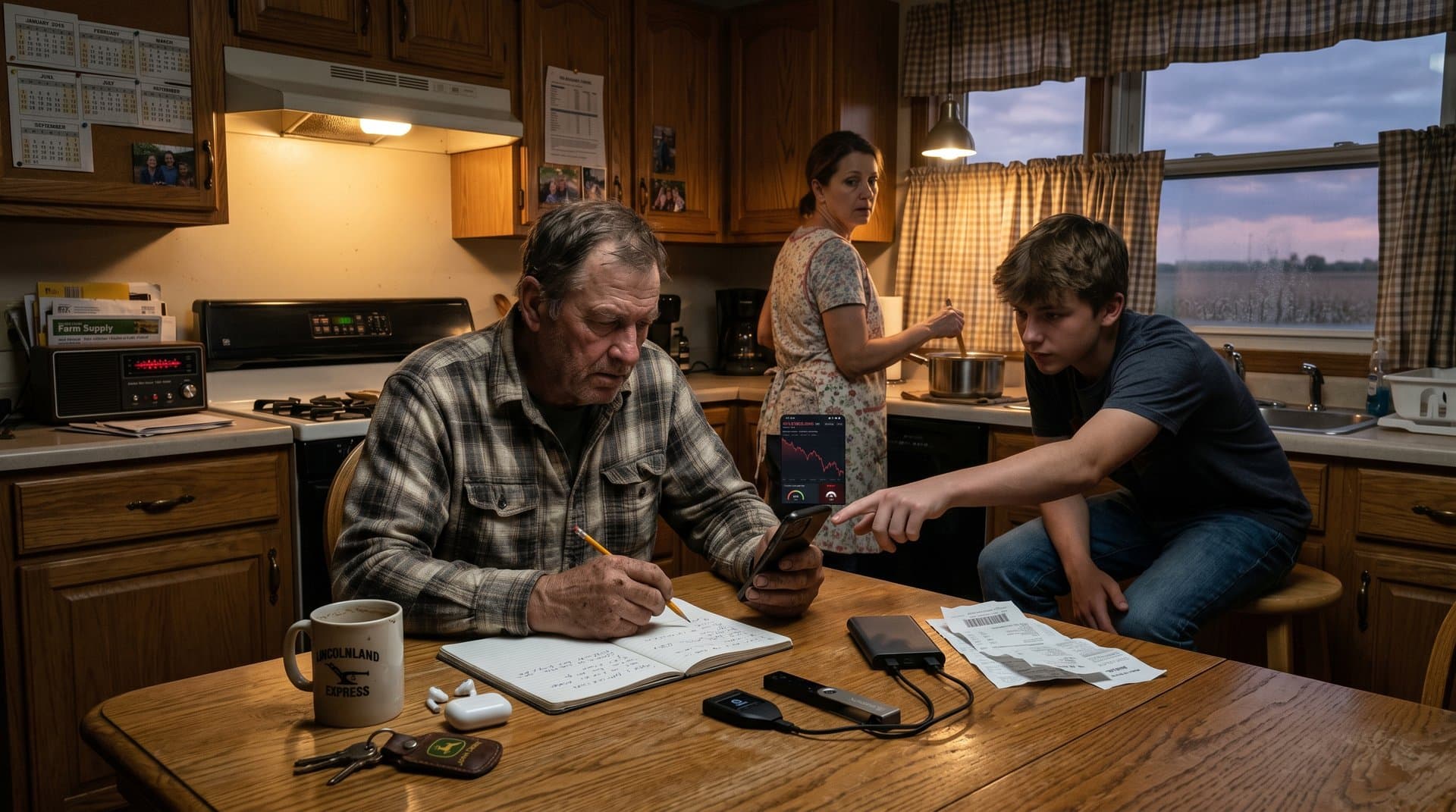 Midwest farmhouse kitchen with crypto wallets and Bitcoin charts signaling security risks amid California kidnapping news