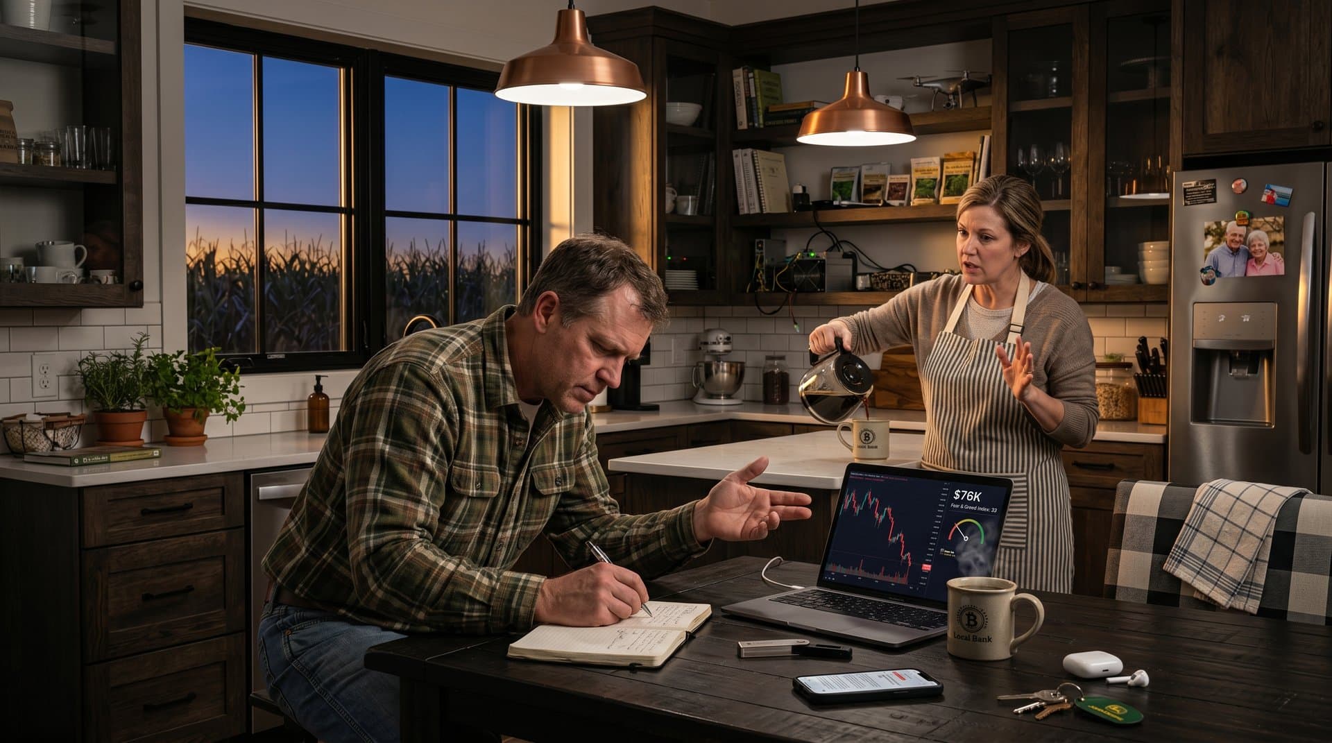Illinois farmhouse kitchen with crypto charts on laptop, hardware wallet, and scam alerts amid Bitcoin price drop and market fear