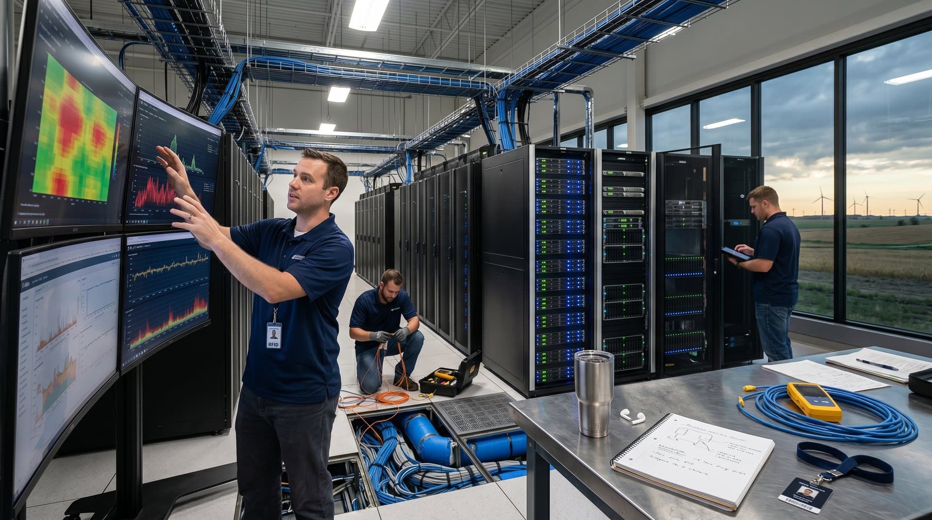 Vast Iowa data center with server racks, glowing LEDs, cables under raised floors, monitors showing metrics, wind turbines outside