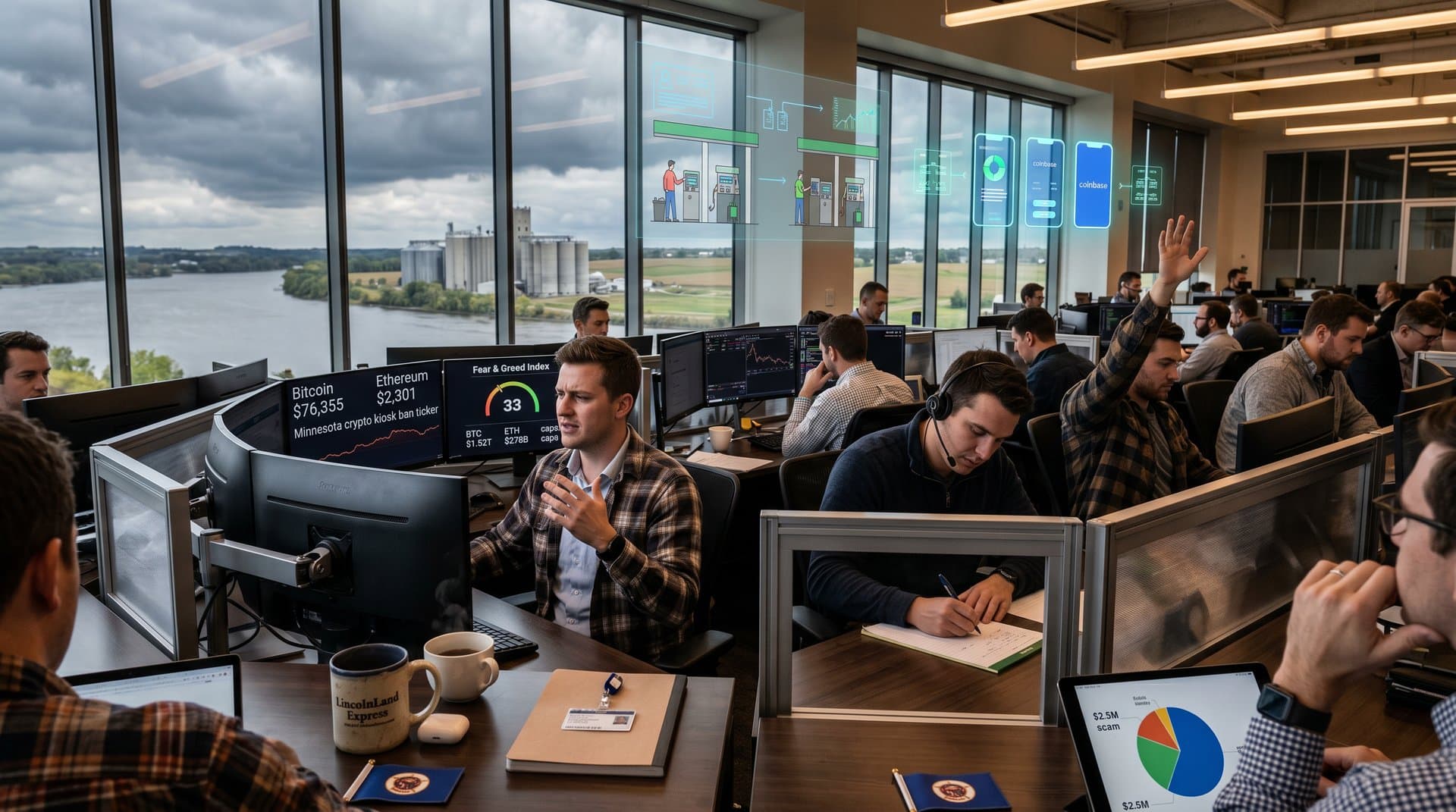 Minneapolis trading floor screens show BTC at $76k, Minnesota crypto kiosk ban news, market data over Mississippi River