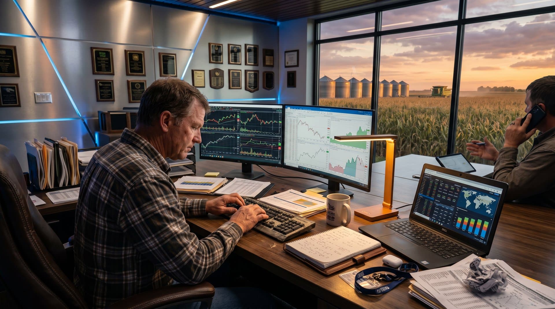 Midwest farm office monitors display Ethereum price charts and DeFi tools amid rural landscape