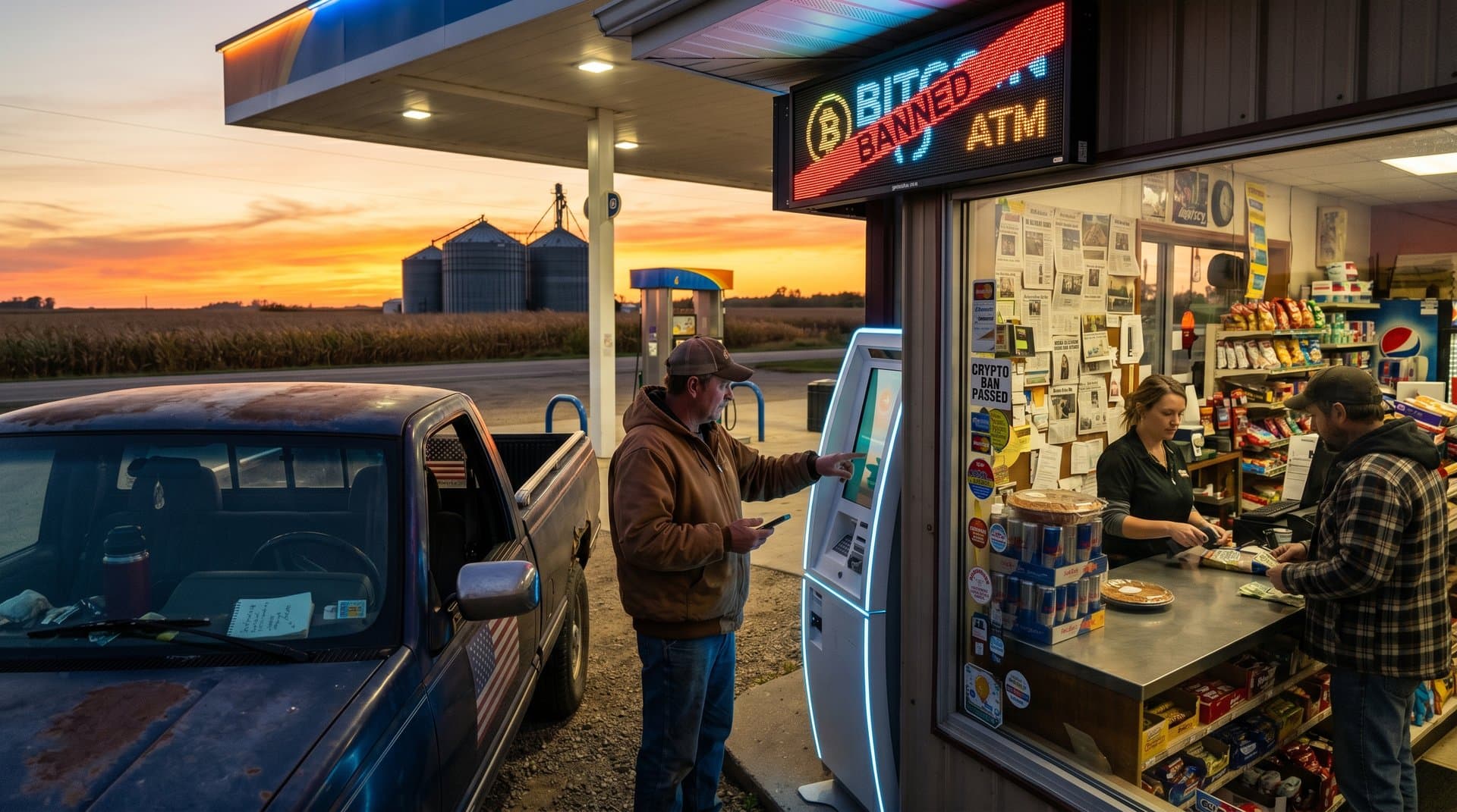 Rural Minnesota gas station with banned crypto kiosk under regulatory warning amid heartland sunset