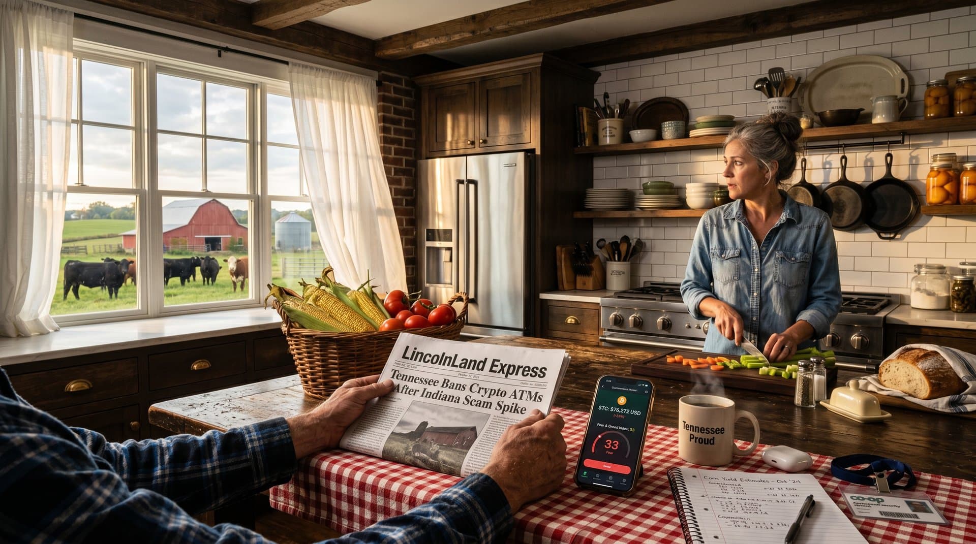 Tennessee farmhouse kitchen with newspaper on crypto ATMs ban, Bitcoin chart on phone, Midwest farm view