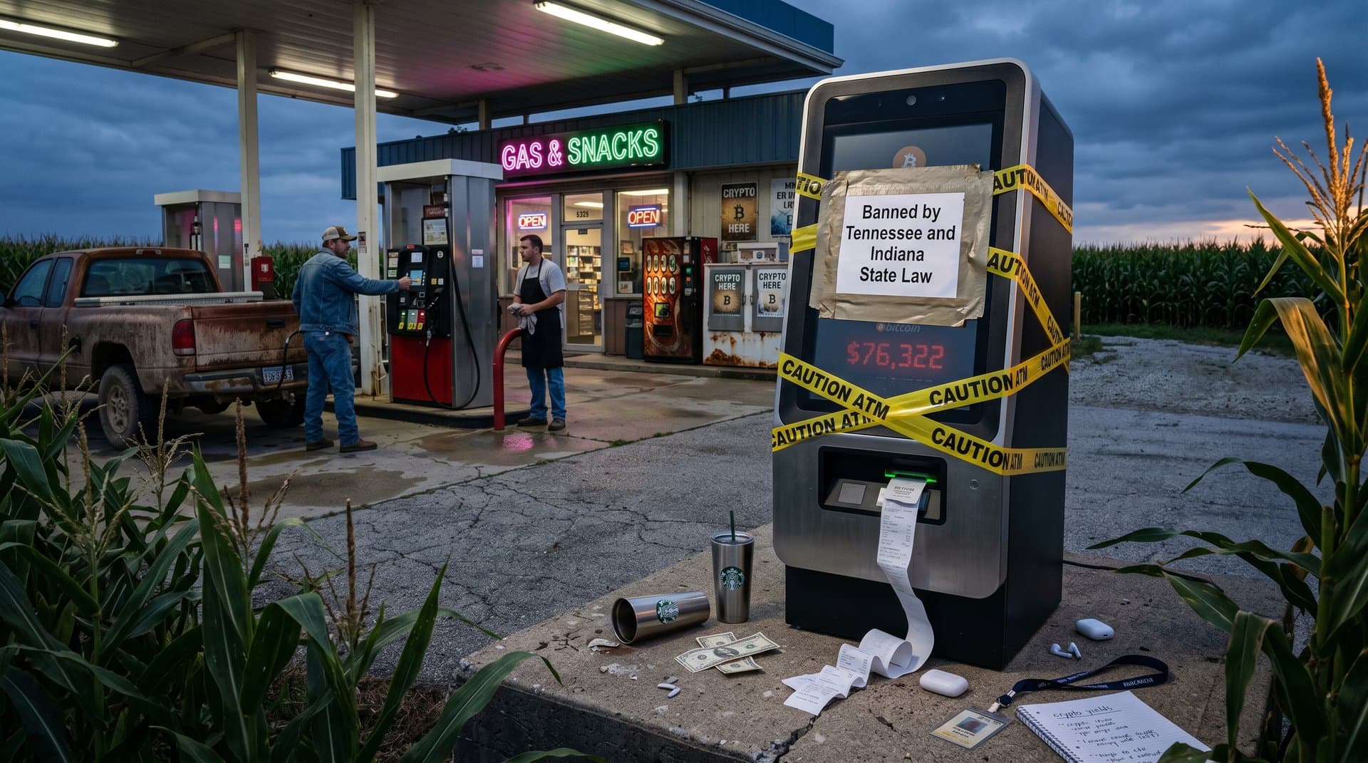 Shuttered crypto ATM in rural Midwest with ban sign and Bitcoin price at $76K amid cornfields