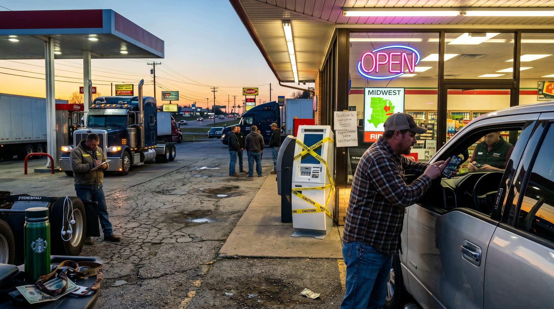 Rural Midwest store with banned crypto ATM, farmer views BTC price on phone amid state map highlights