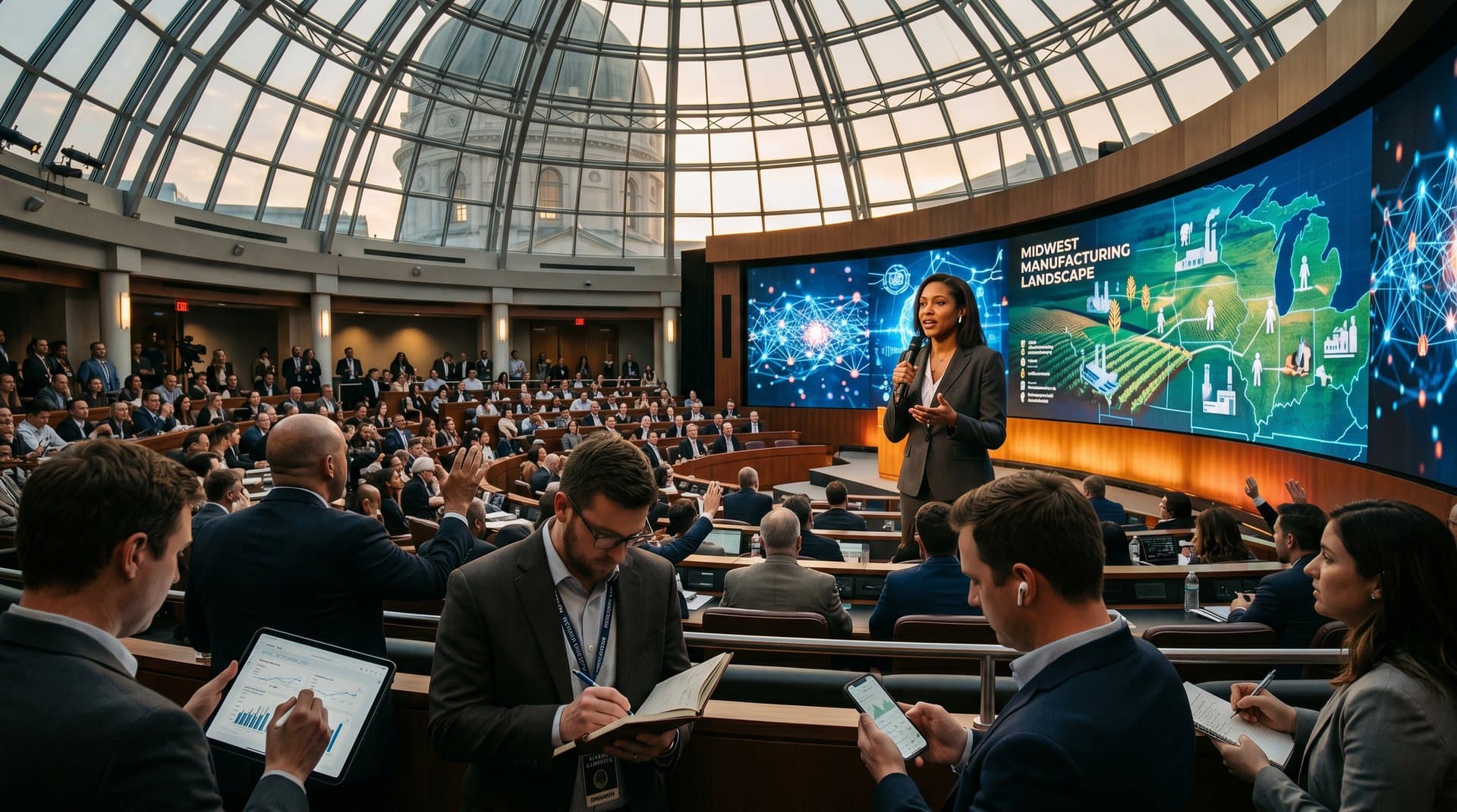 Indiana capitol with AI portal screens over Midwest map, professionals reviewing tech tools